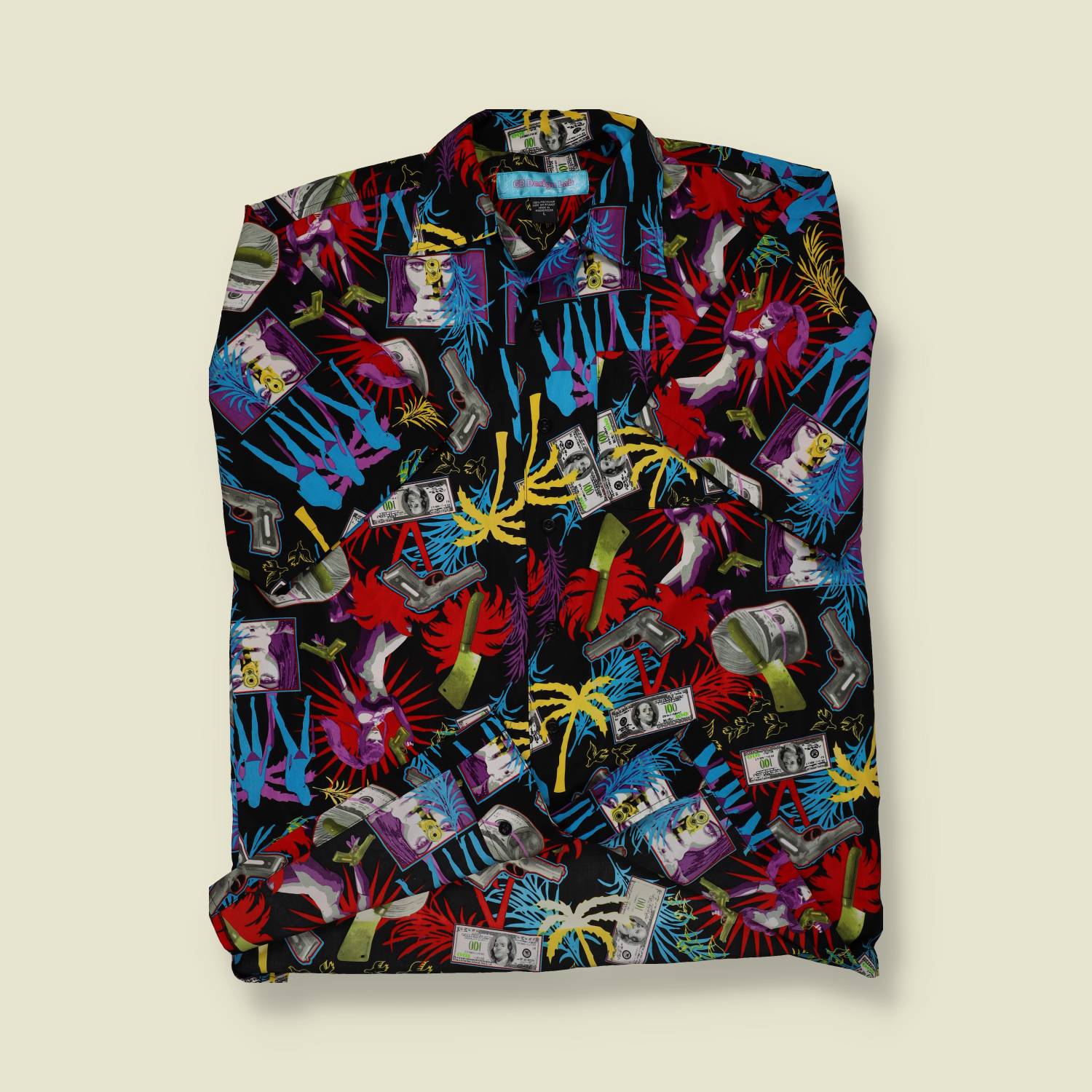 1990s Club Tropical Graphic Print Shirt – Guns, Money & Palms - L/XL