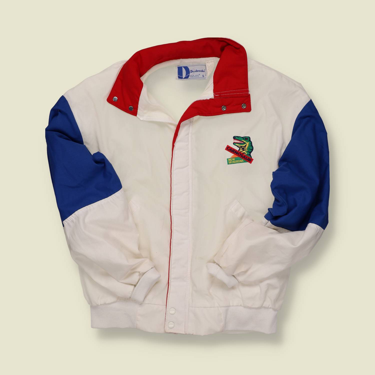 1980s Dunbrooke Carnodaurus Promo Jacket – White with Blue Sleeves & Red Collar - L