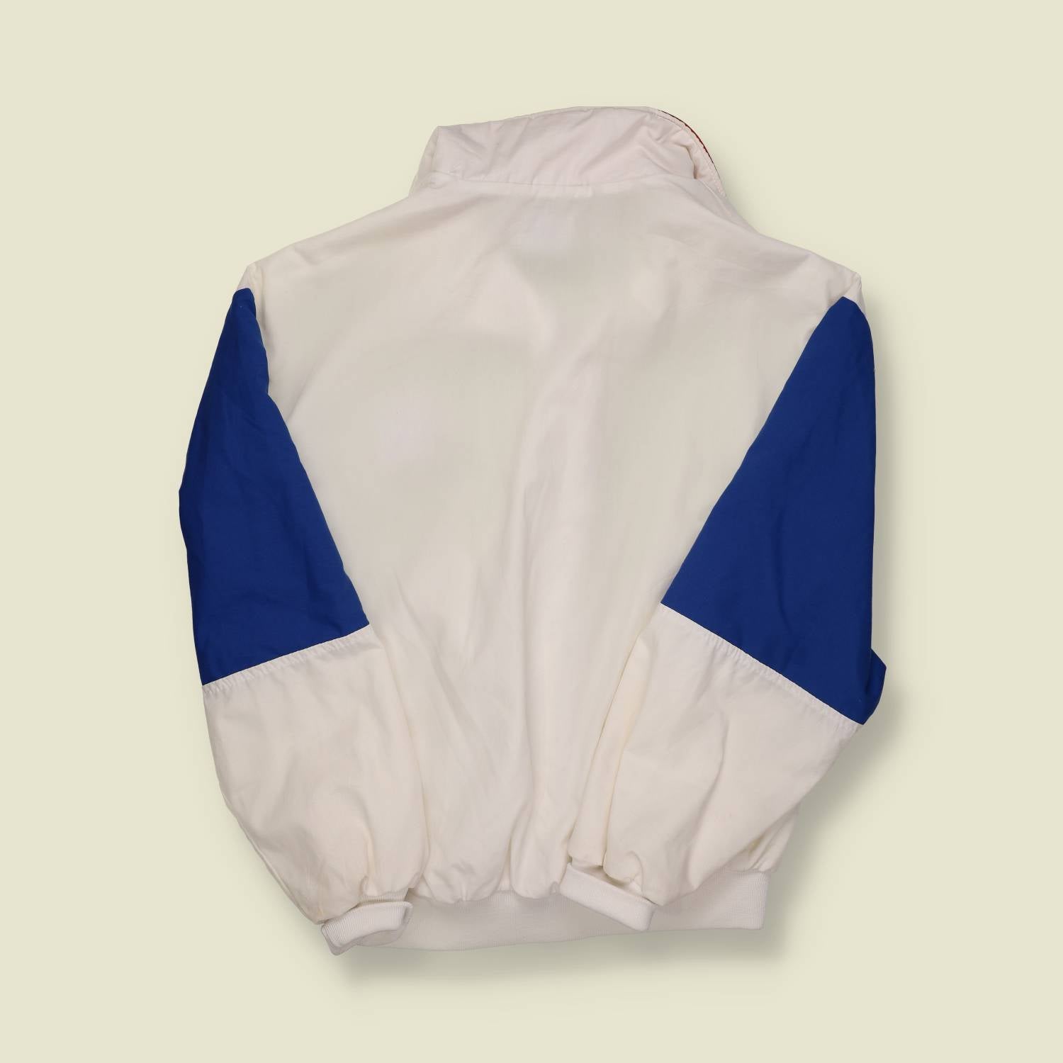 1980s Dunbrooke Carnodaurus Promo Jacket – White with Blue Sleeves & Red Collar - L