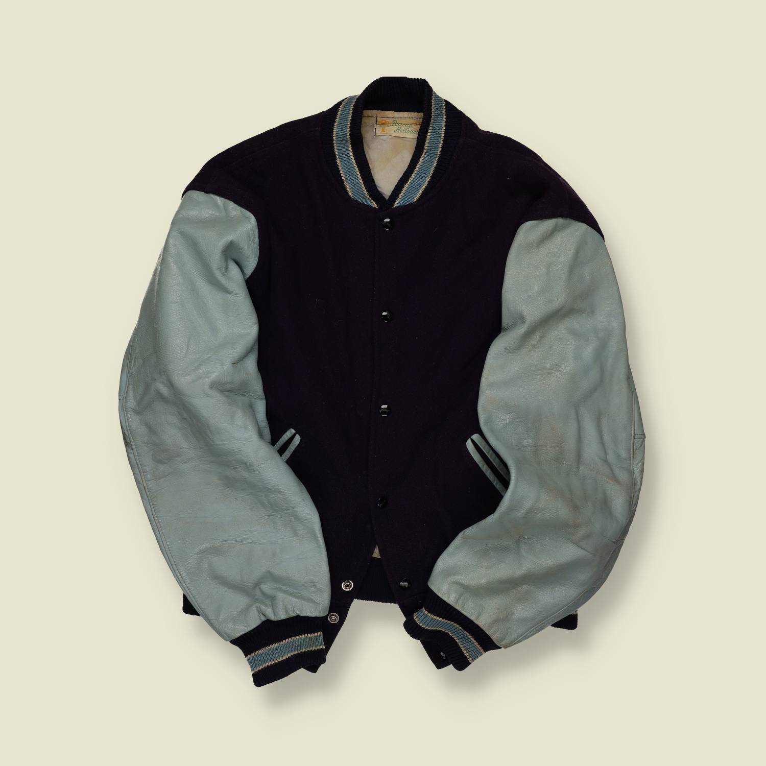 1950s Holloway Varsity Jacket – Black Wool with Grey Leather Sleeves - L