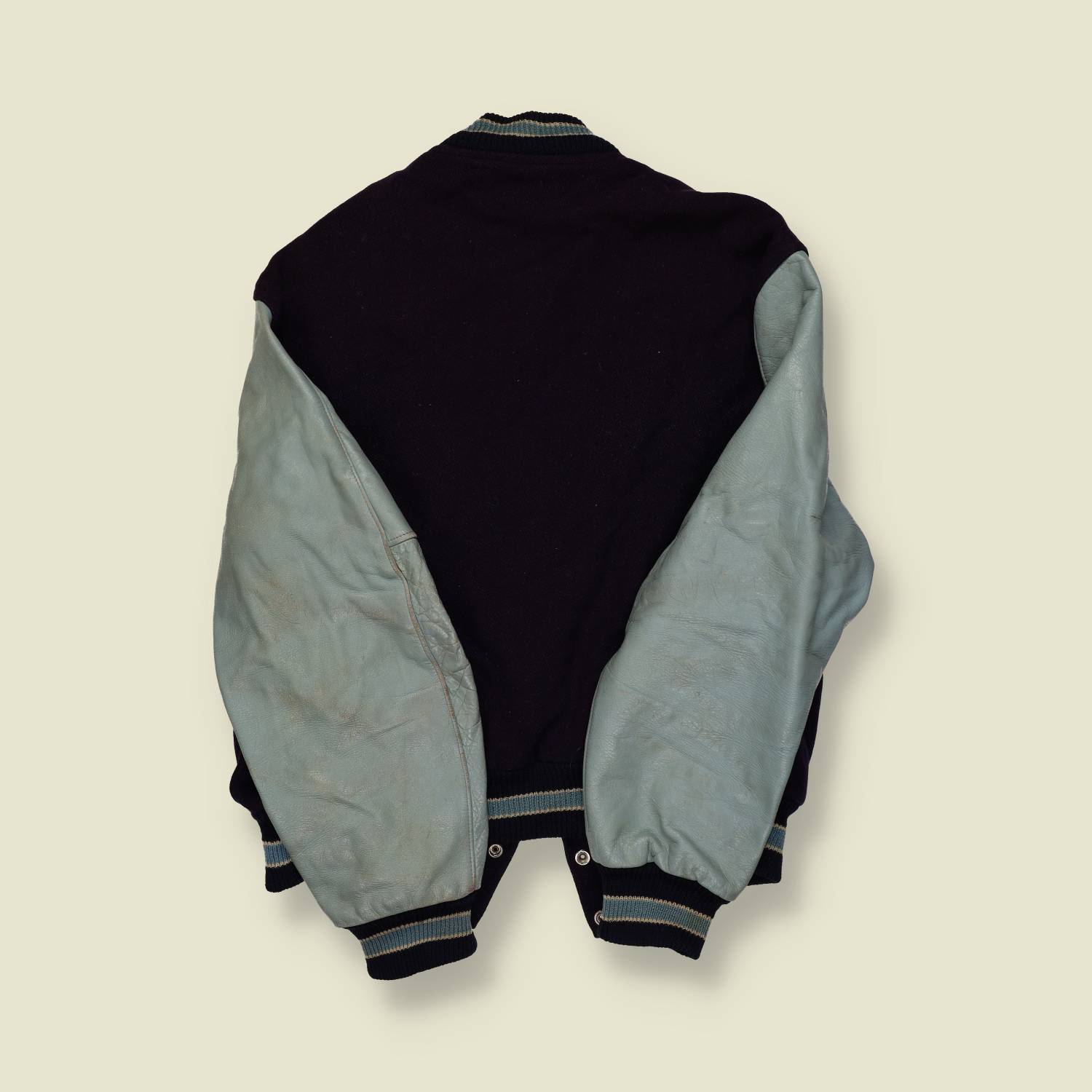 1950s Holloway Varsity Jacket – Black Wool with Grey Leather Sleeves - L