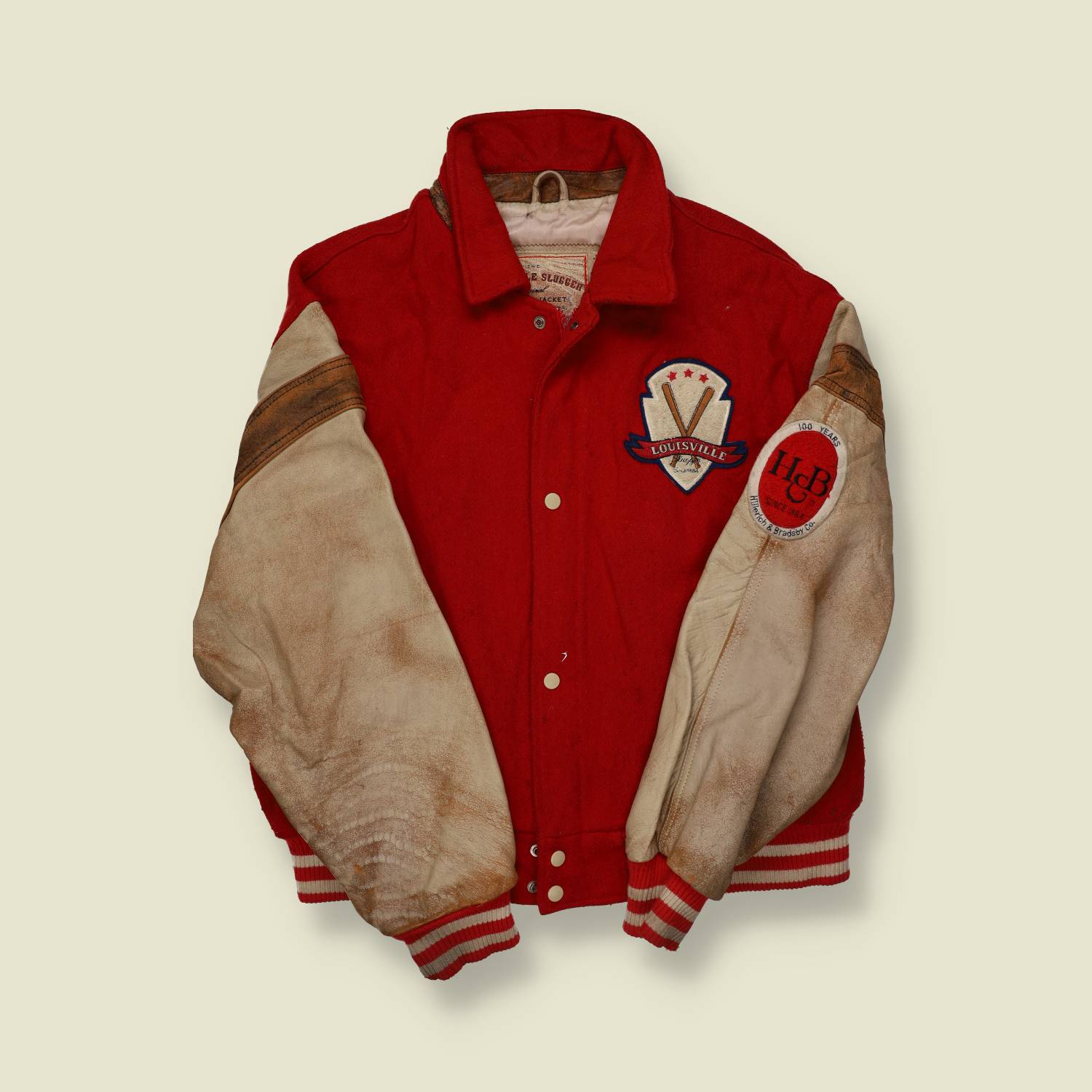 1990s Louisville Slugger Anniversary Varsity Jacket – Red Wool with White Leather Sleeves