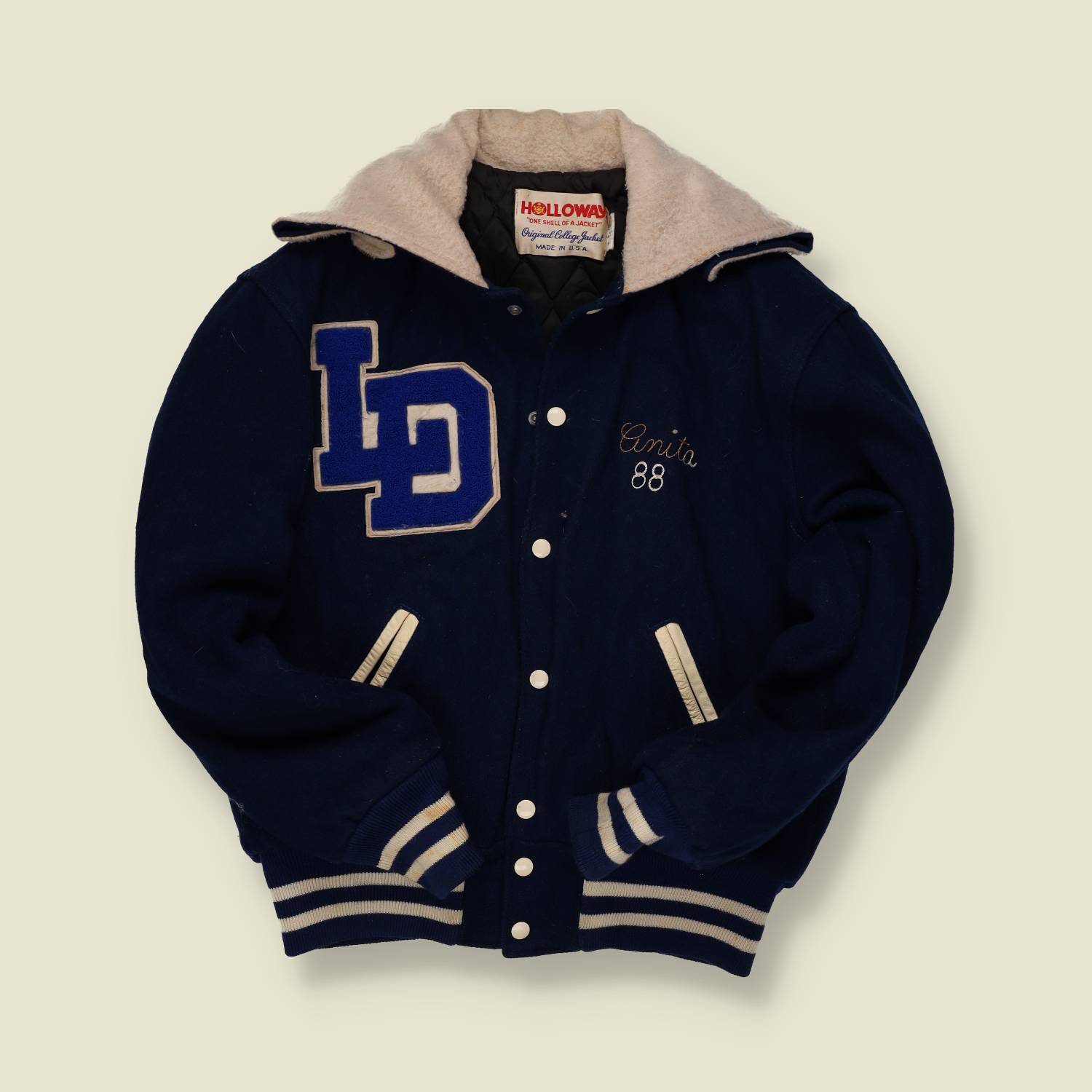 1980s Holloway Lower Dauphin Varsity Jacket – Navy Wool with White Flock & Sherpa Collar - S/M