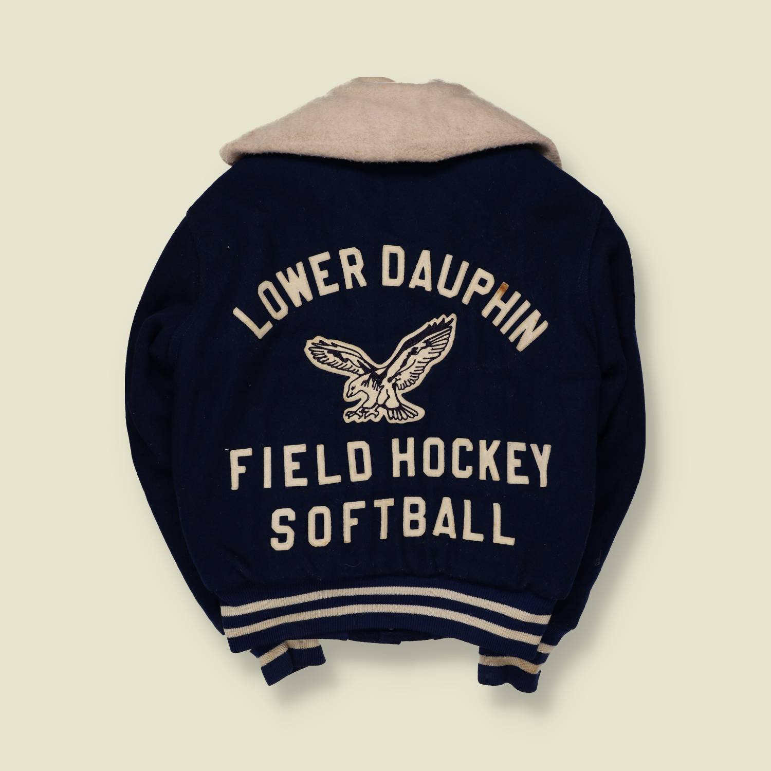 1980s Holloway Lower Dauphin Varsity Jacket – Navy Wool with White Flock & Sherpa Collar - S/M