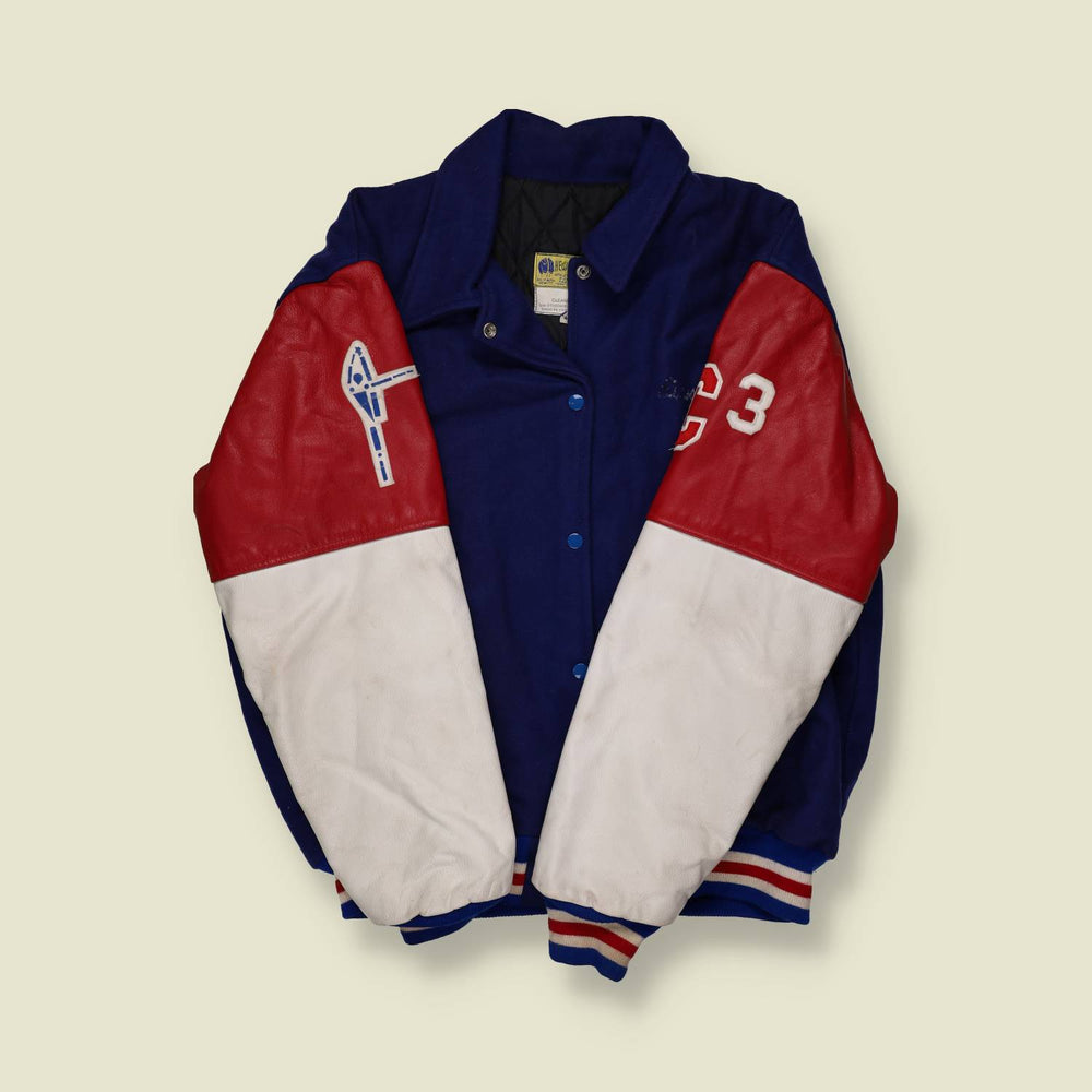 Early 1980s Hewitt CC Champs All Stars Varsity Jacket – Blue Wool with Red & White Leather Sleeves - XL