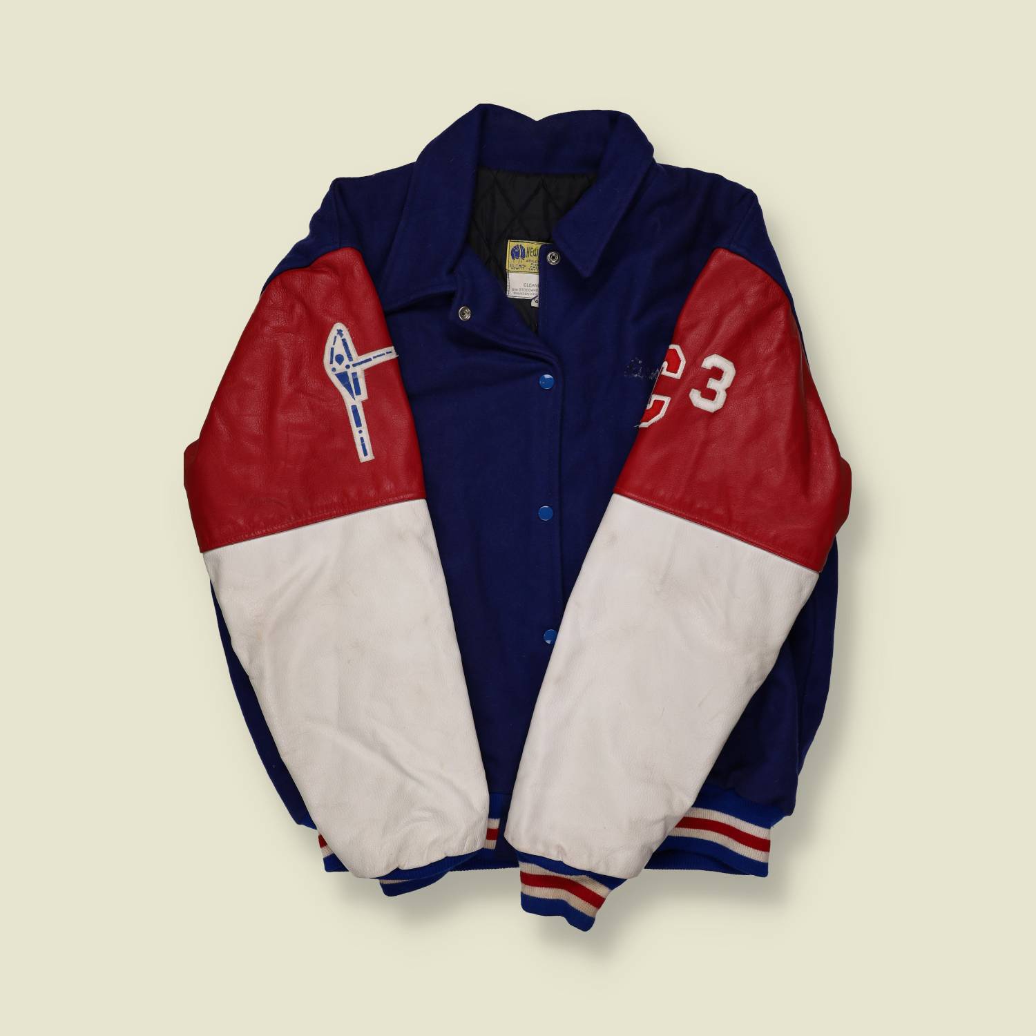 Early 1980s Hewitt CC Champs All Stars Varsity Jacket – Blue Wool with Red & White Leather Sleeves - XL