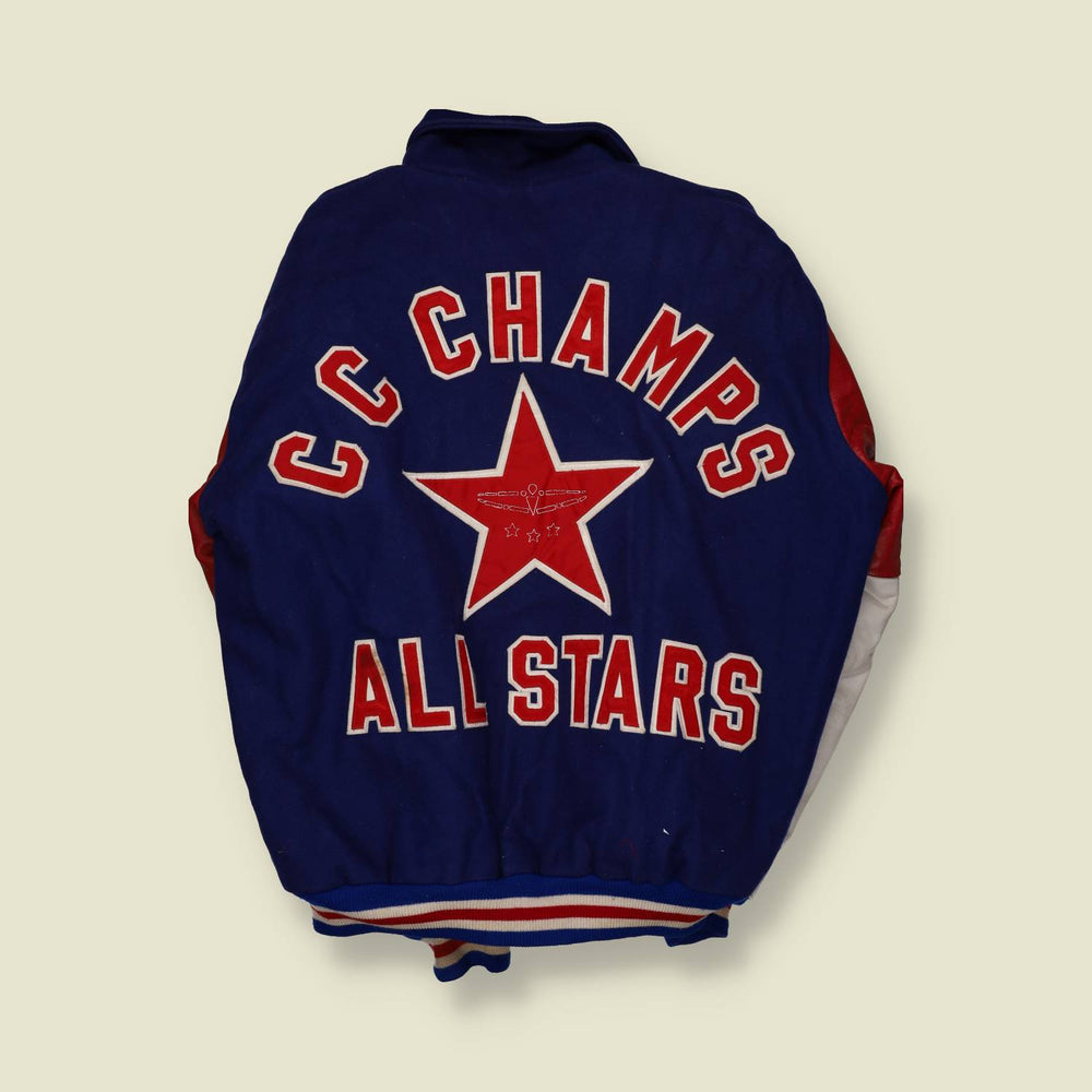 Early 1980s Hewitt CC Champs All Stars Varsity Jacket – Blue Wool with Red & White Leather Sleeves - XL