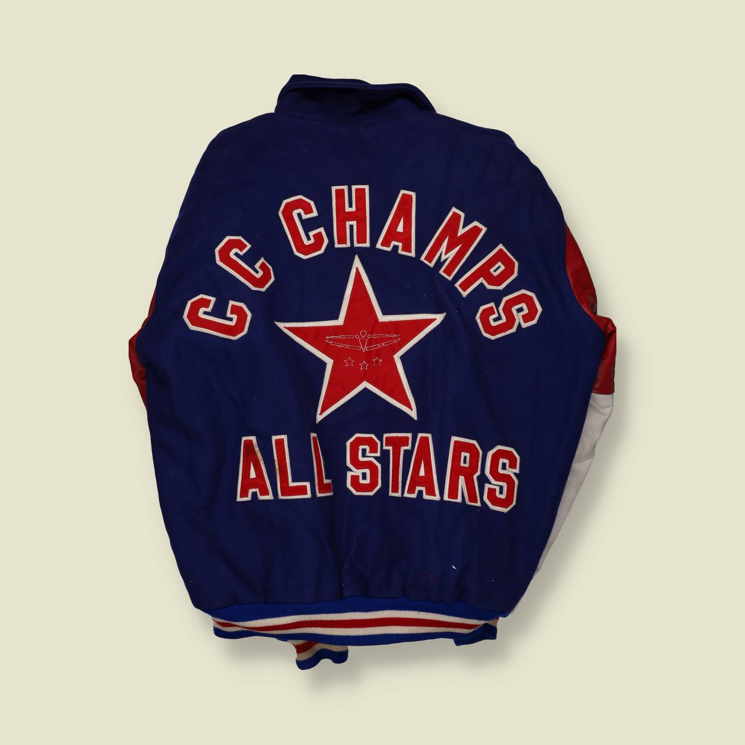 Early 1980s Hewitt CC Champs All Stars Varsity Jacket – Blue Wool with Red & White Leather Sleeves - XL