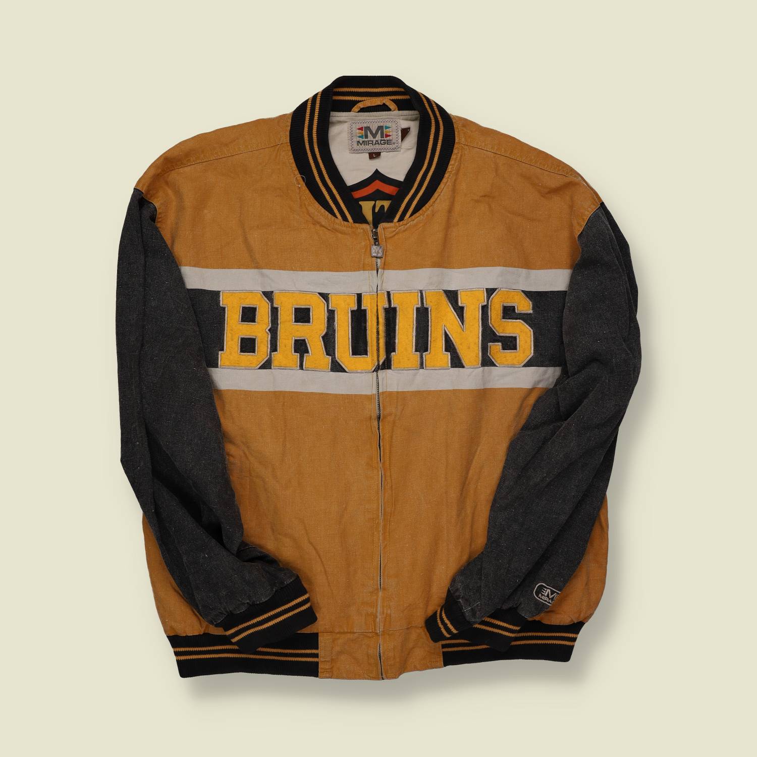 1990s Mirage Boston Bruins Heritage Jacket – Gold & Black with Denim Sleeves - L