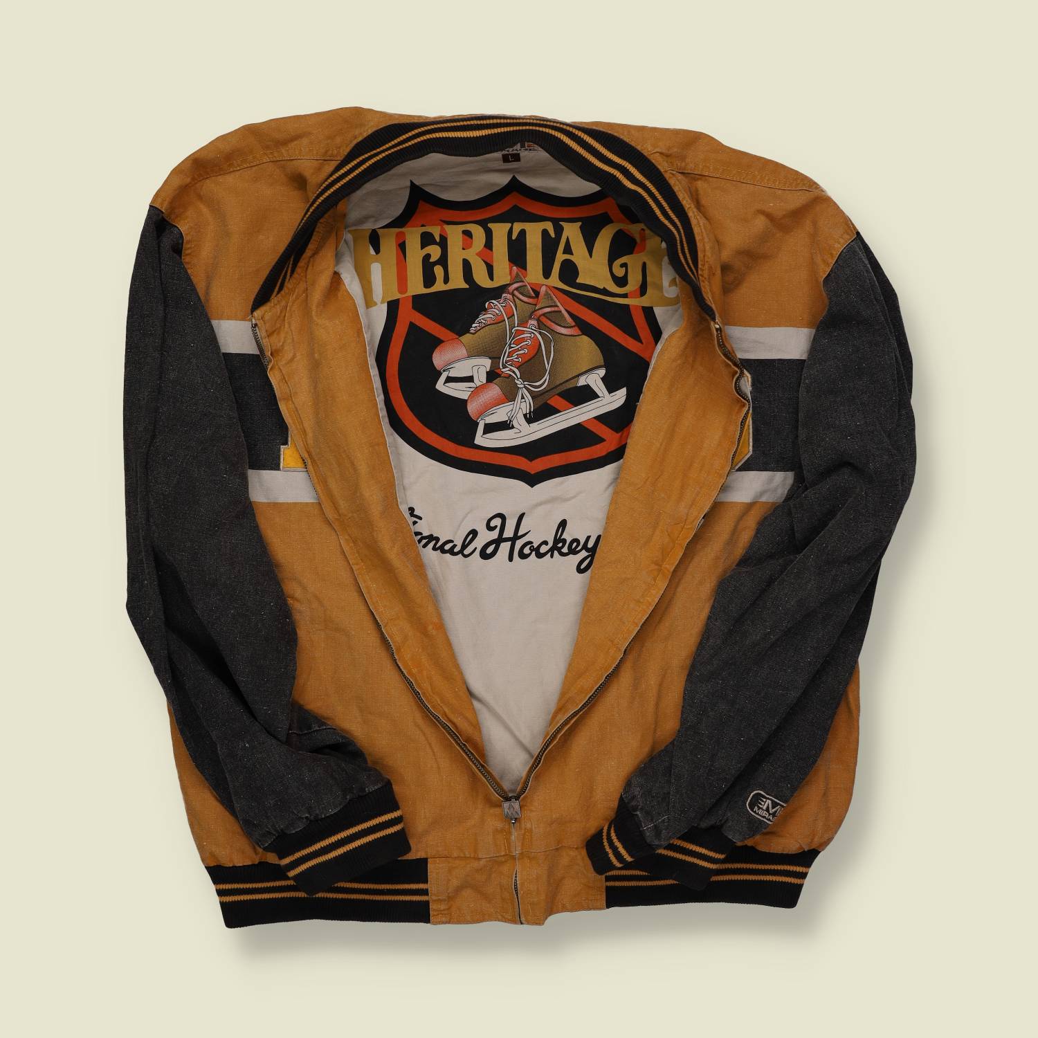 1990s Mirage Boston Bruins Heritage Jacket – Gold & Black with Denim Sleeves - L