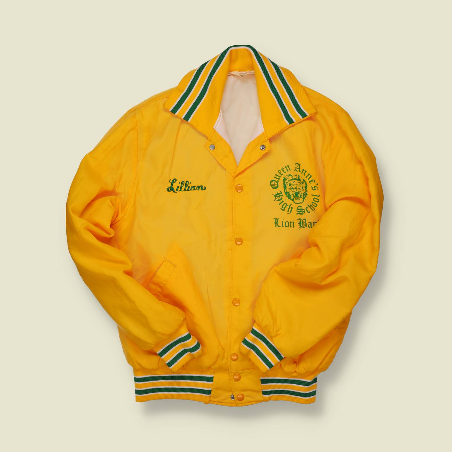1980s Gem Sportswear Queen Anne’s High School Lion Band Jacket – Yellow with Green Trim - S/M
