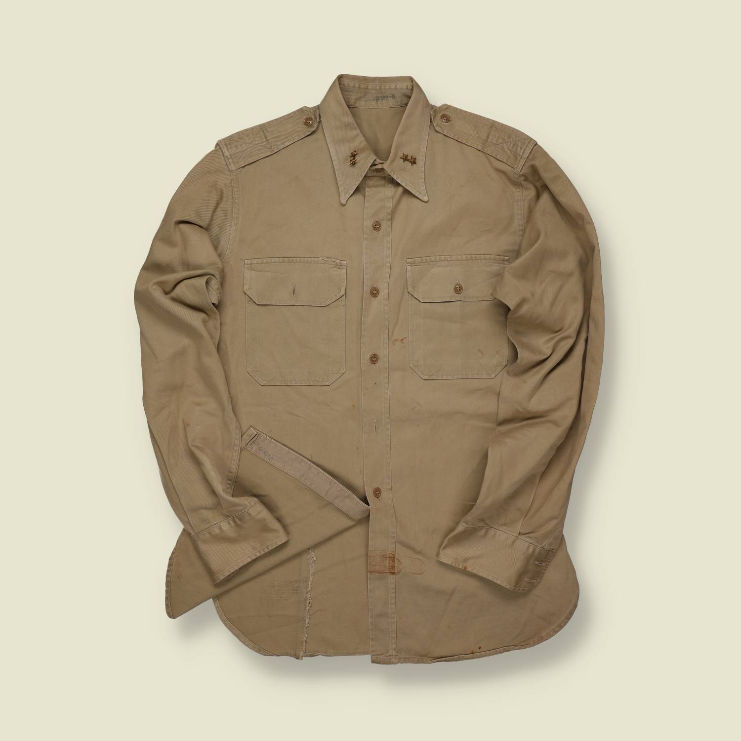 1940s U.S. Army Officer’s Cotton Service Shirt – Khaki with Collar Insignia - M