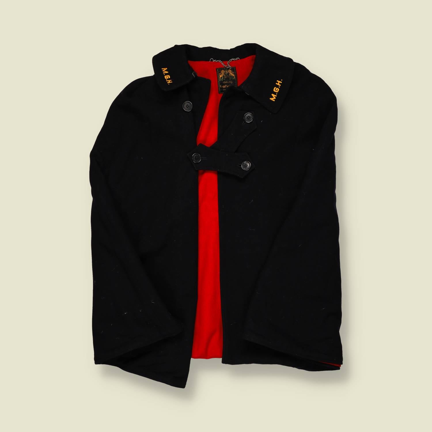 Late 1940s–1950s Stein-Bloch Wool Cape Coat – Black with Red Lining & M.G.H. Collar - Free Size