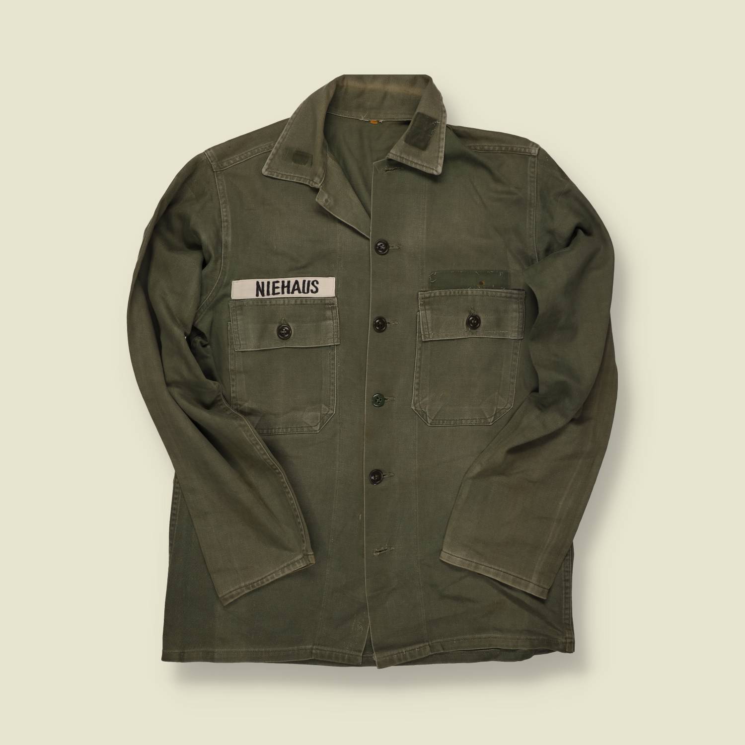 1950s U.S. Army OG-107 Sateen Utility Shirt – Named “Niehaus” - S