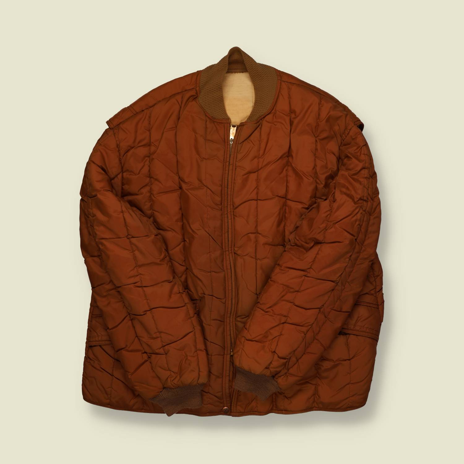 1960s U.S. Quilted Nylon Liner Jacket – Conmatic Zip – Brown - XL