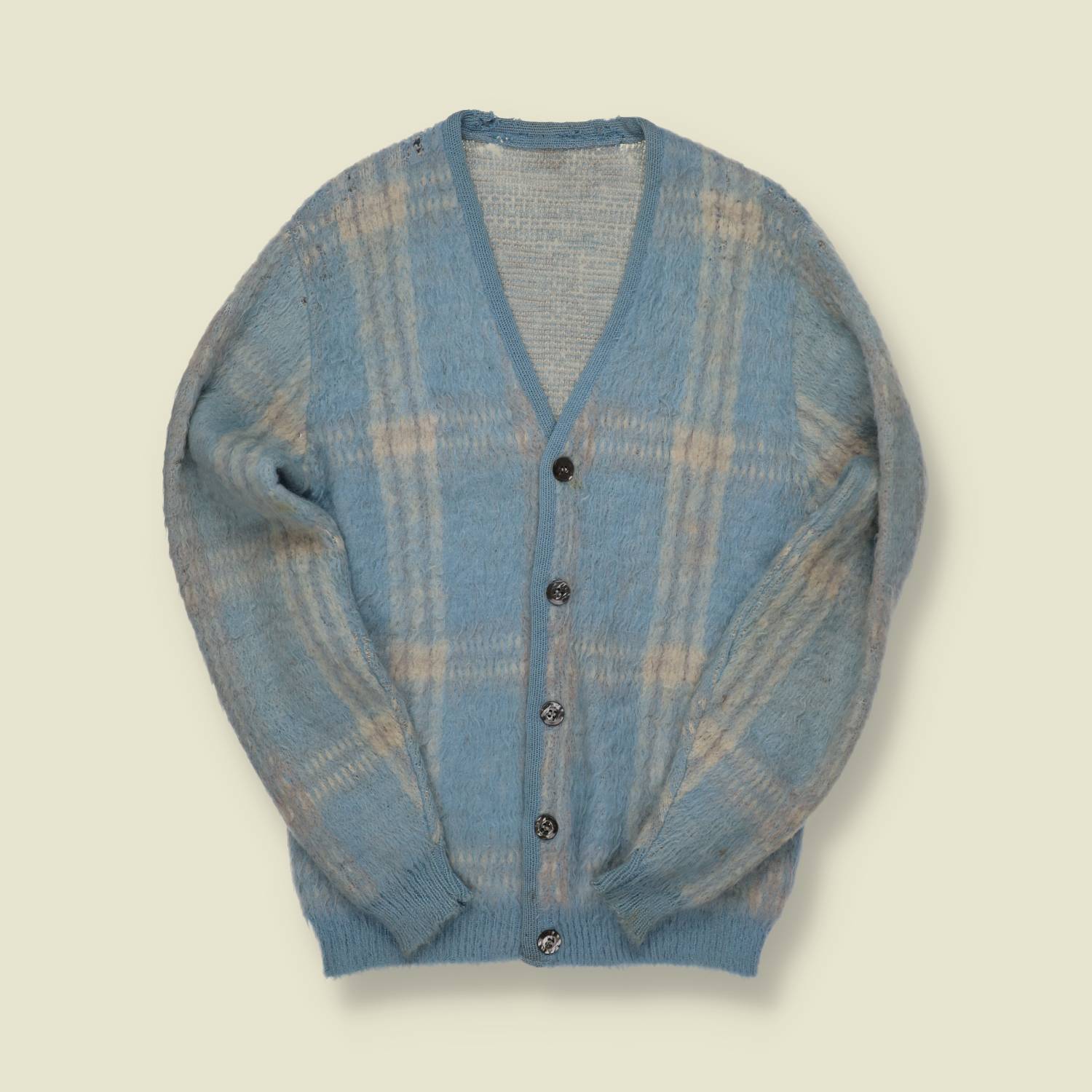 1960s U.S. Mohair Cardigan – Sky Blue Plaid - XXS