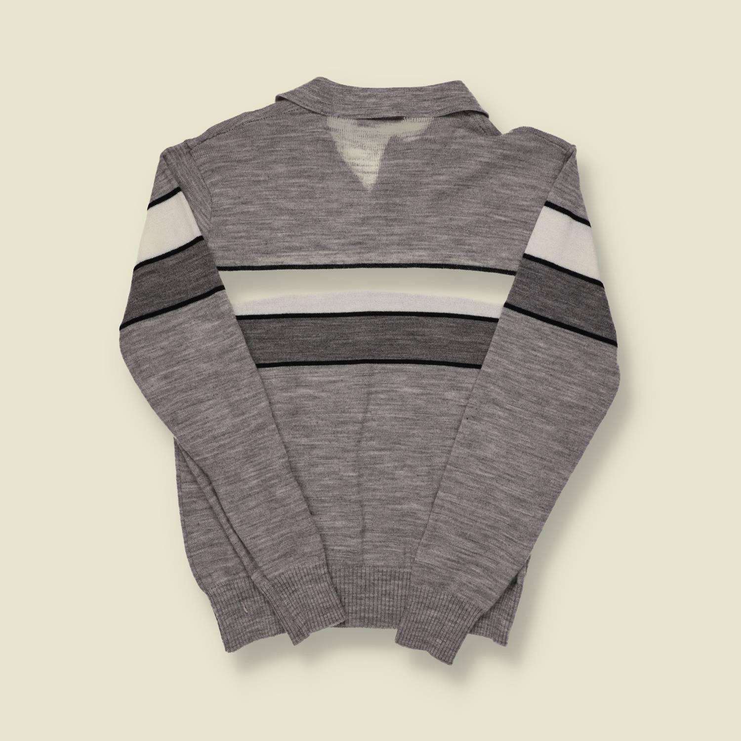 1970s U.S. Knit Polo Sweater – Mister Man – Grey/White/Black Stripe - S