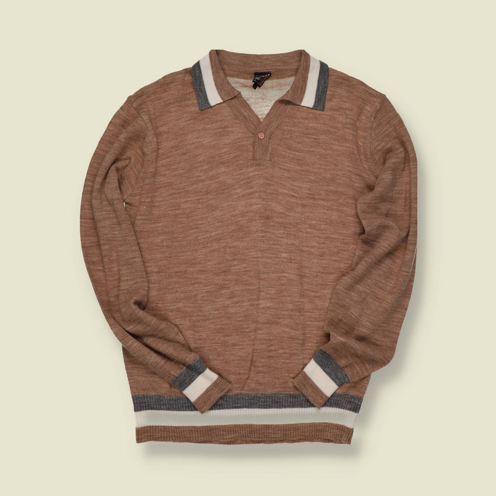 1970s U.S. Knit Polo Sweater – Paolo Ricci – Brown/Grey/White Trim - S