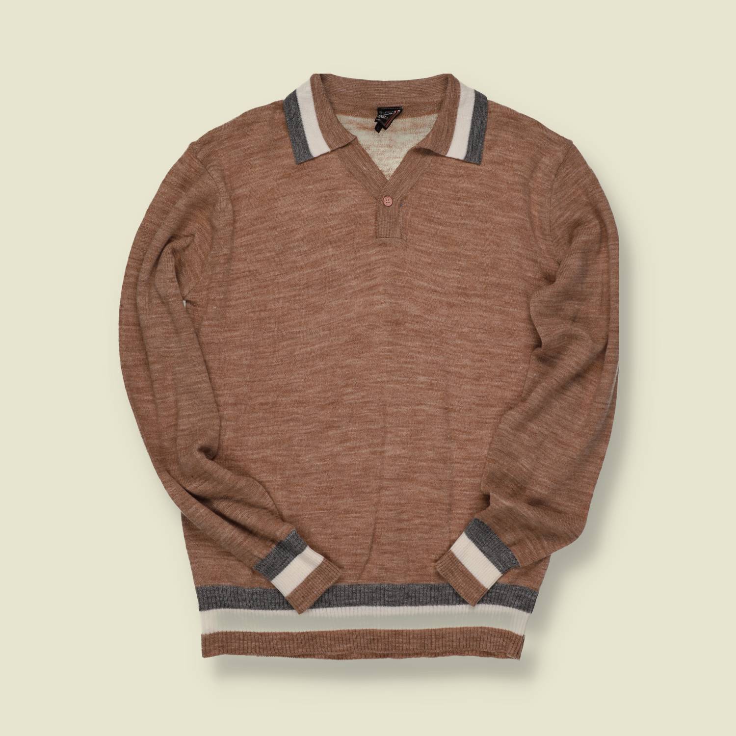 1970s U.S. Knit Polo Sweater – Paolo Ricci – Brown/Grey/White Trim - S