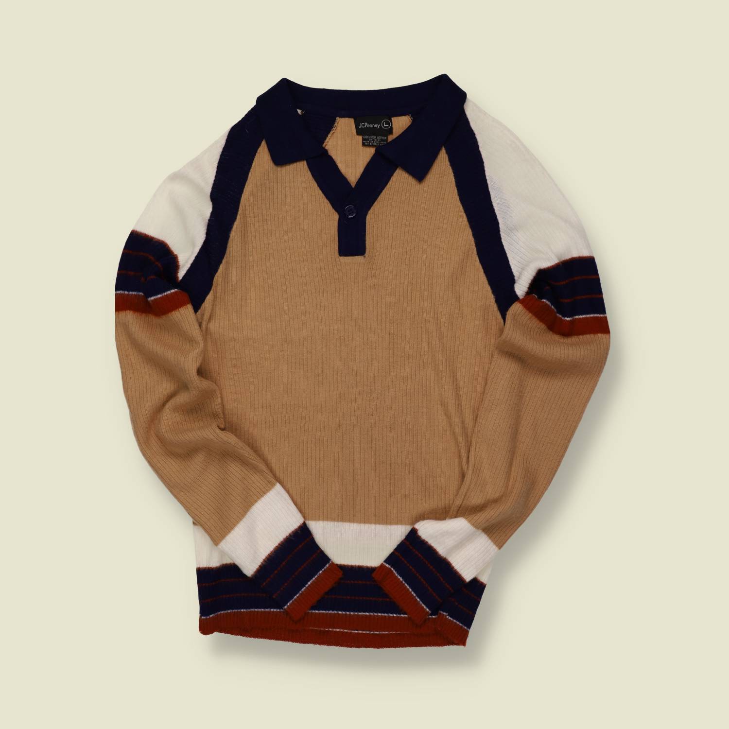 1970s U.S. Knit Polo Sweater – JCPenney – Tan/Navy/Rust Stripe - XS