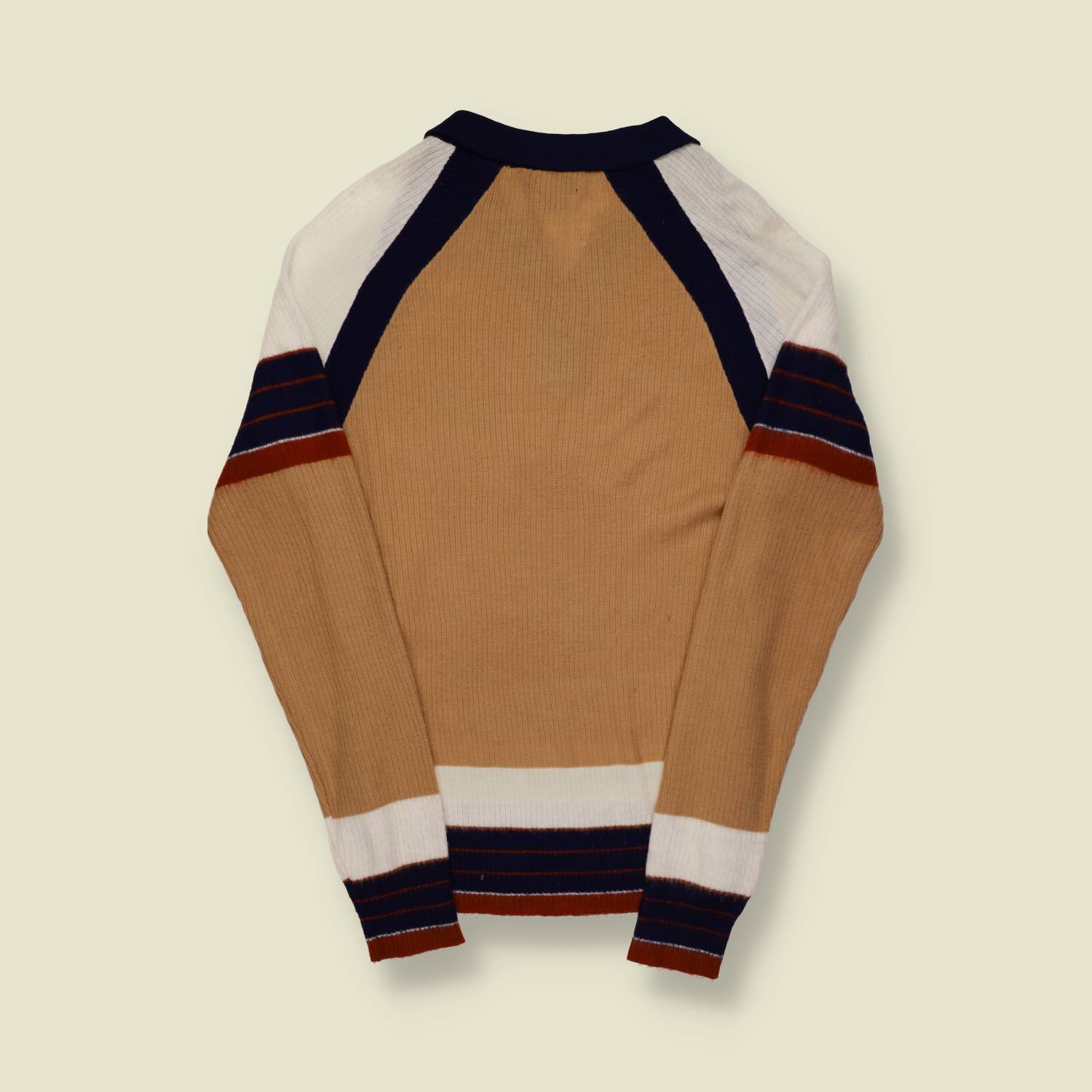 1970s U.S. Knit Polo Sweater – JCPenney – Tan/Navy/Rust Stripe - XS