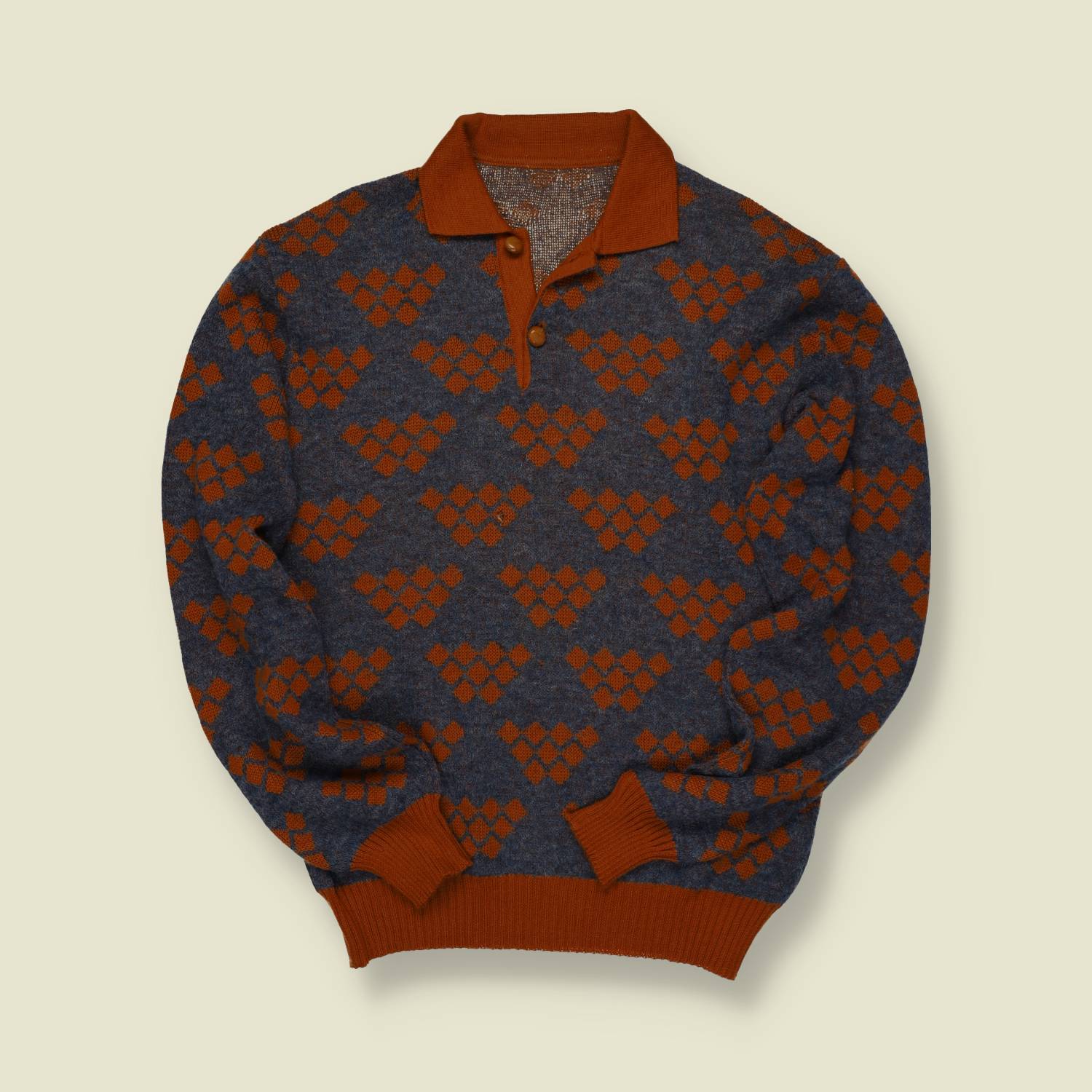 1970s U.S. Knit Polo Sweater – Geometric Rust & Navy Pattern - S/M