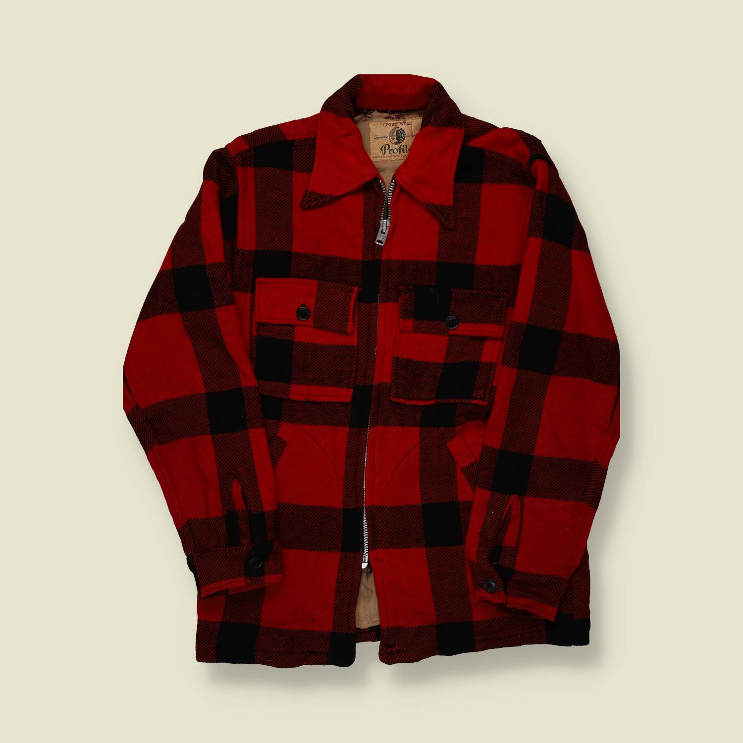 1940s Profile Sportswear Wool Jacket – Red & Black Buffalo Plaid Zip-Front – S