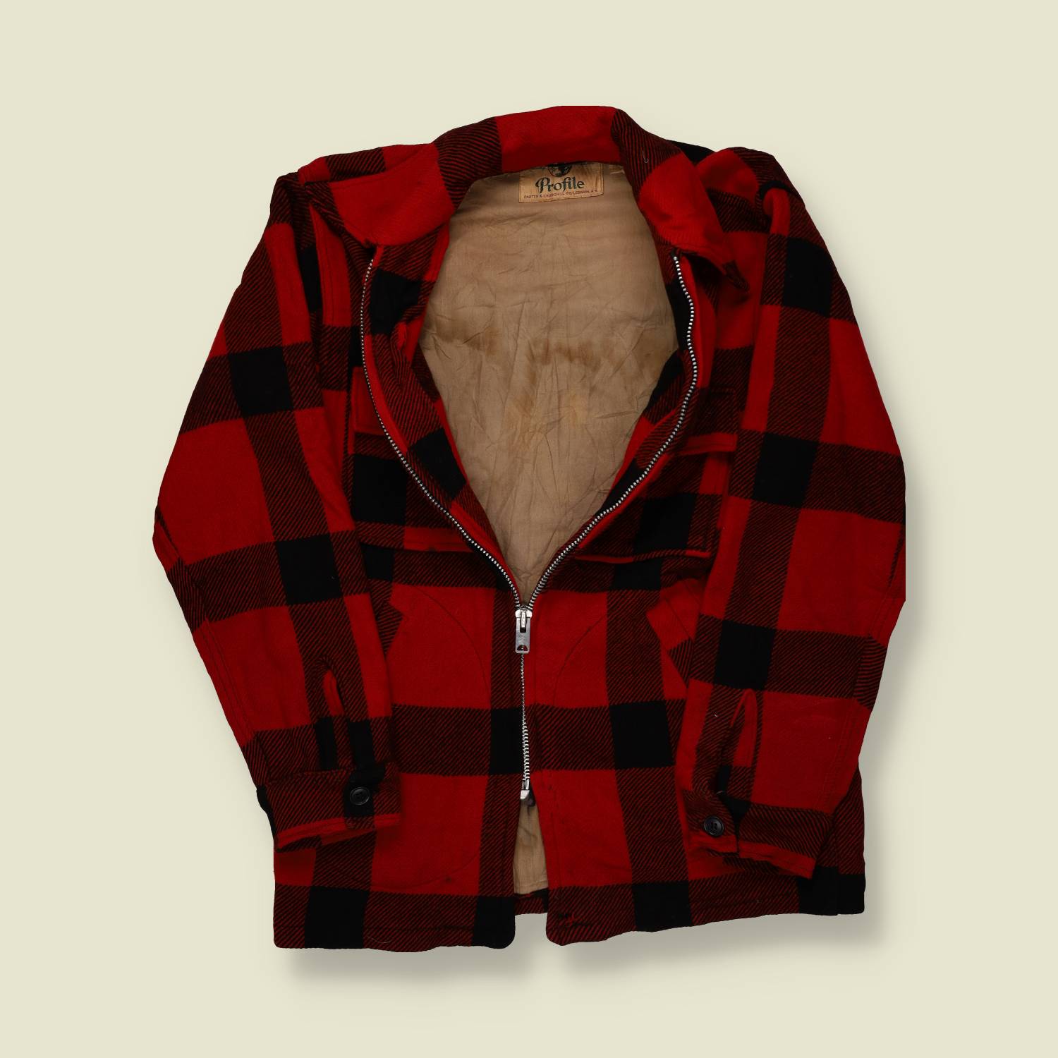 1940s Profile Sportswear Wool Jacket – Red & Black Buffalo Plaid Zip-Front – S