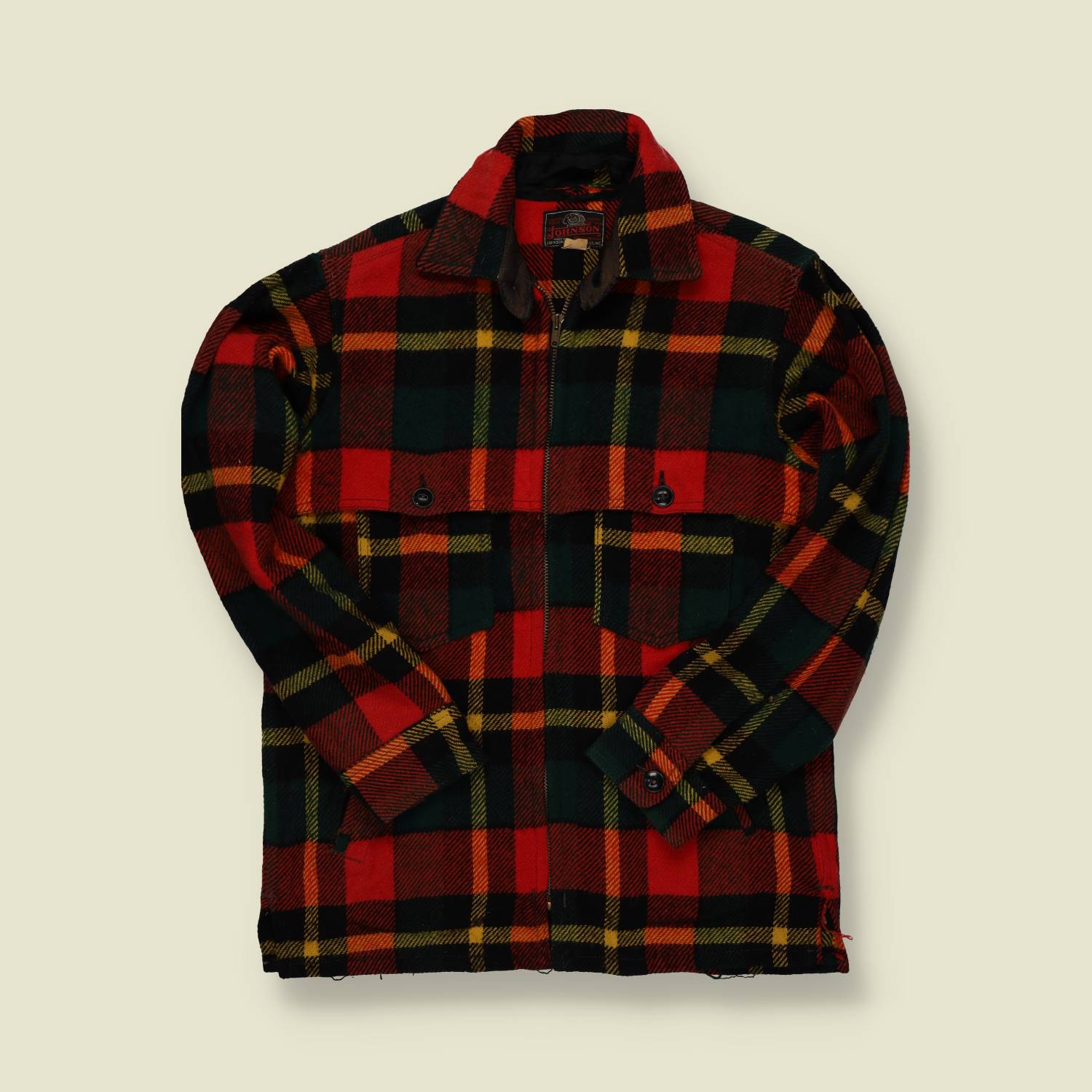 1950s–60s Johnson Wool Jacket – Red Black & Yellow Plaid Hunting Coat – XS/S