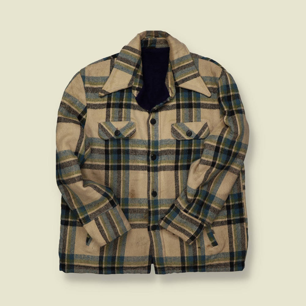 1970s Wool Plaid Jacket – Cream & Blue Check with Teddy Lining – L