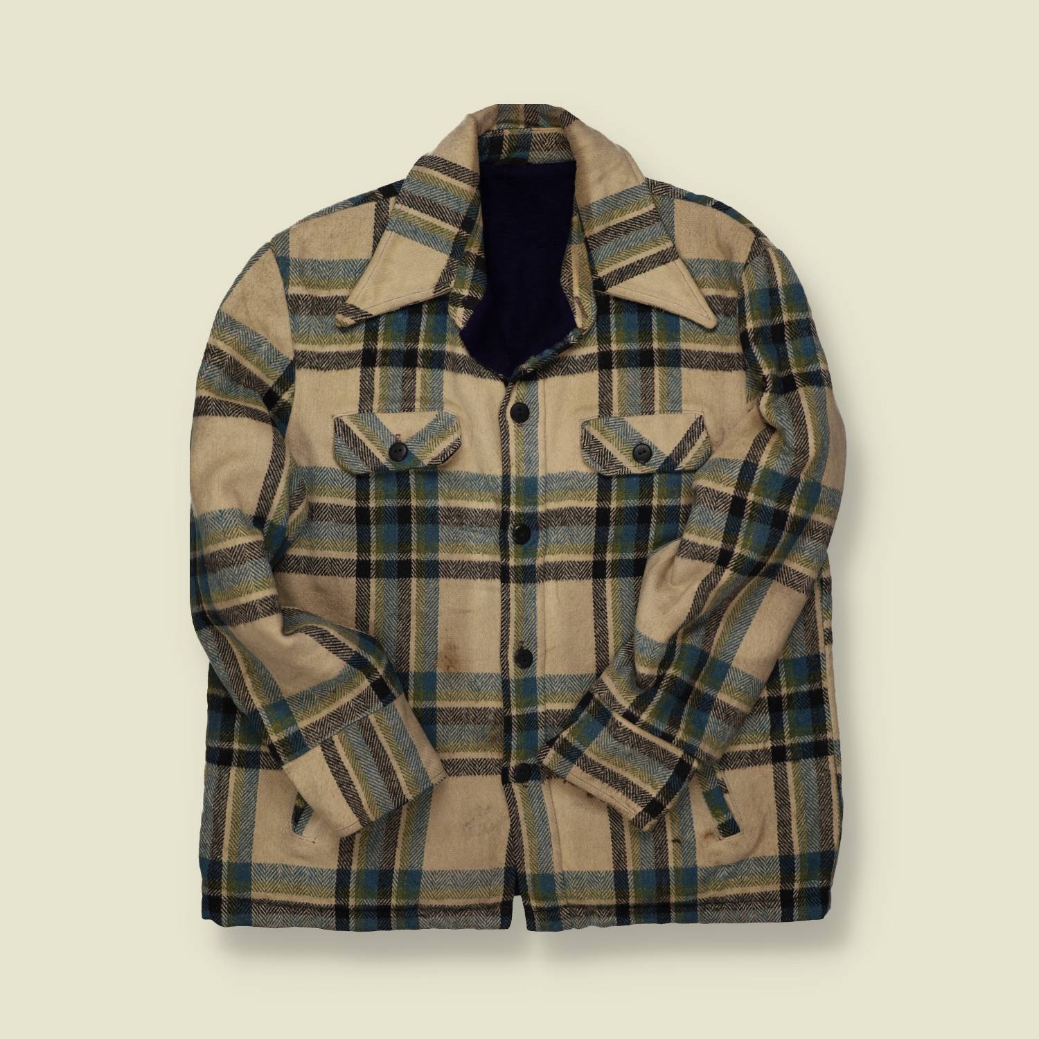 1970s Wool Plaid Jacket – Cream & Blue Check with Teddy Lining – L