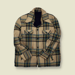 1970s Wool Plaid Jacket – Cream & Blue Check with Teddy Lining – L
