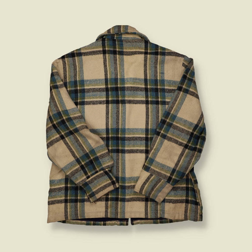 1970s Wool Plaid Jacket – Cream & Blue Check with Teddy Lining – L