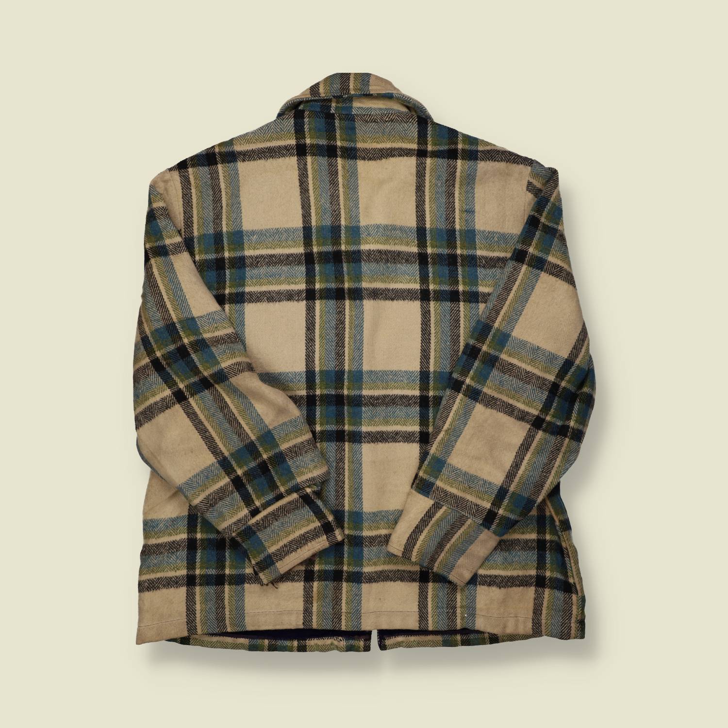 1970s Wool Plaid Jacket – Cream & Blue Check with Teddy Lining – L