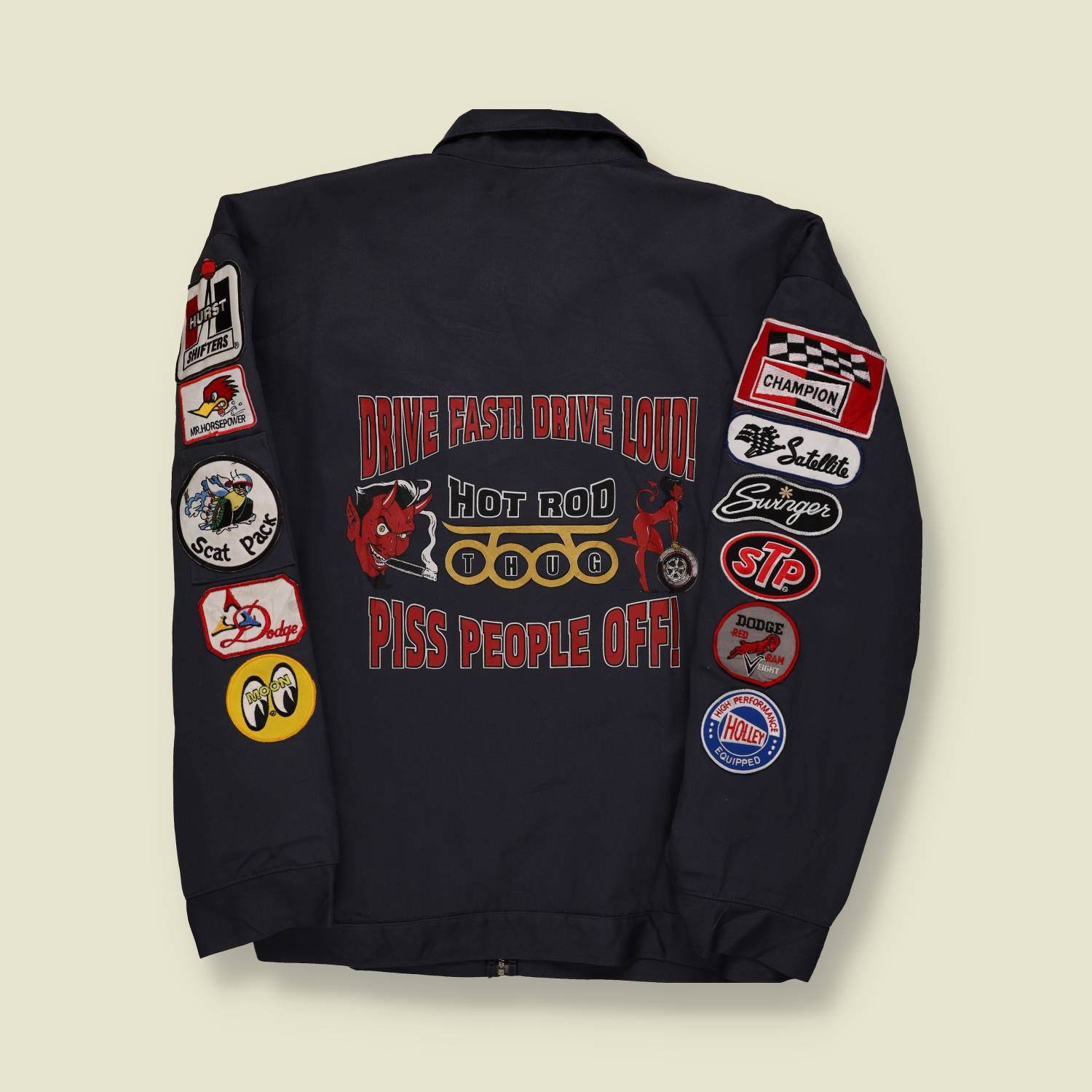 1990s Red Kap Hot Rod Thug Work Jacket – Patch Sleeves & “Drive Fast Drive Loud” Back Print – XXL