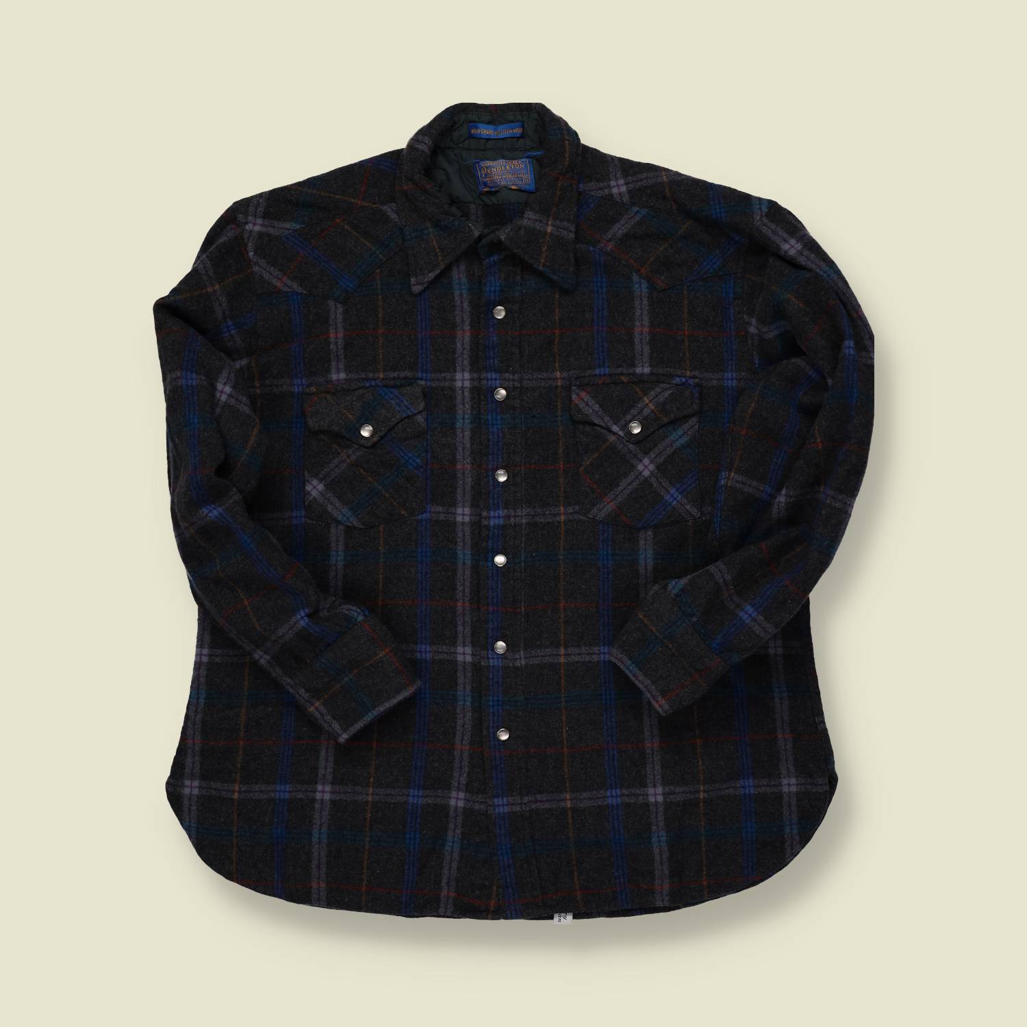 1970s Pendleton Wool Western Shirt – Black & Blue Plaid – Snap Front – S