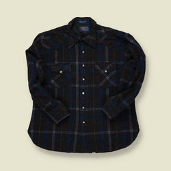 1970s Pendleton Wool Western Shirt – Black & Blue Plaid – Snap Front – S
