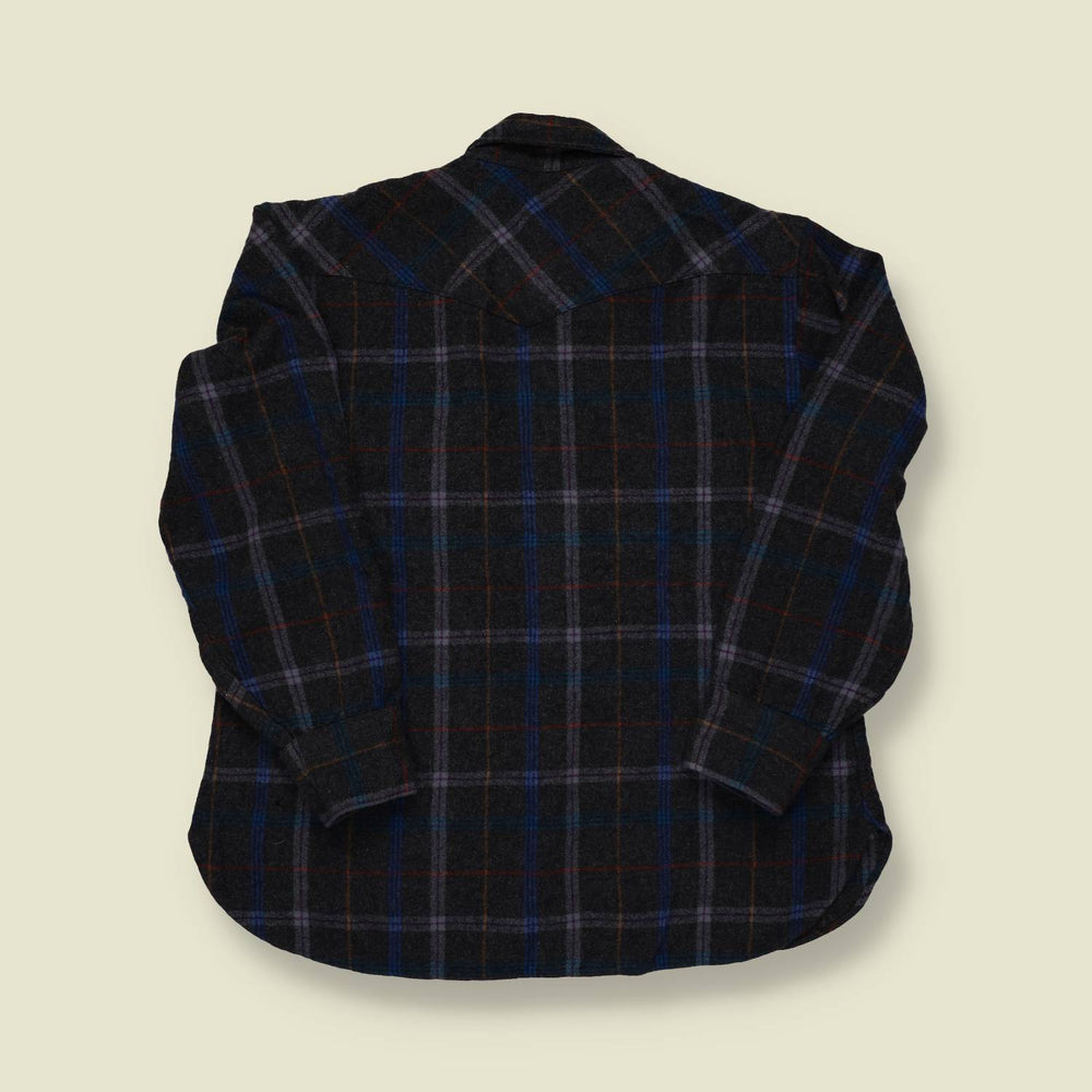 1970s Pendleton Wool Western Shirt – Black & Blue Plaid – Snap Front – S