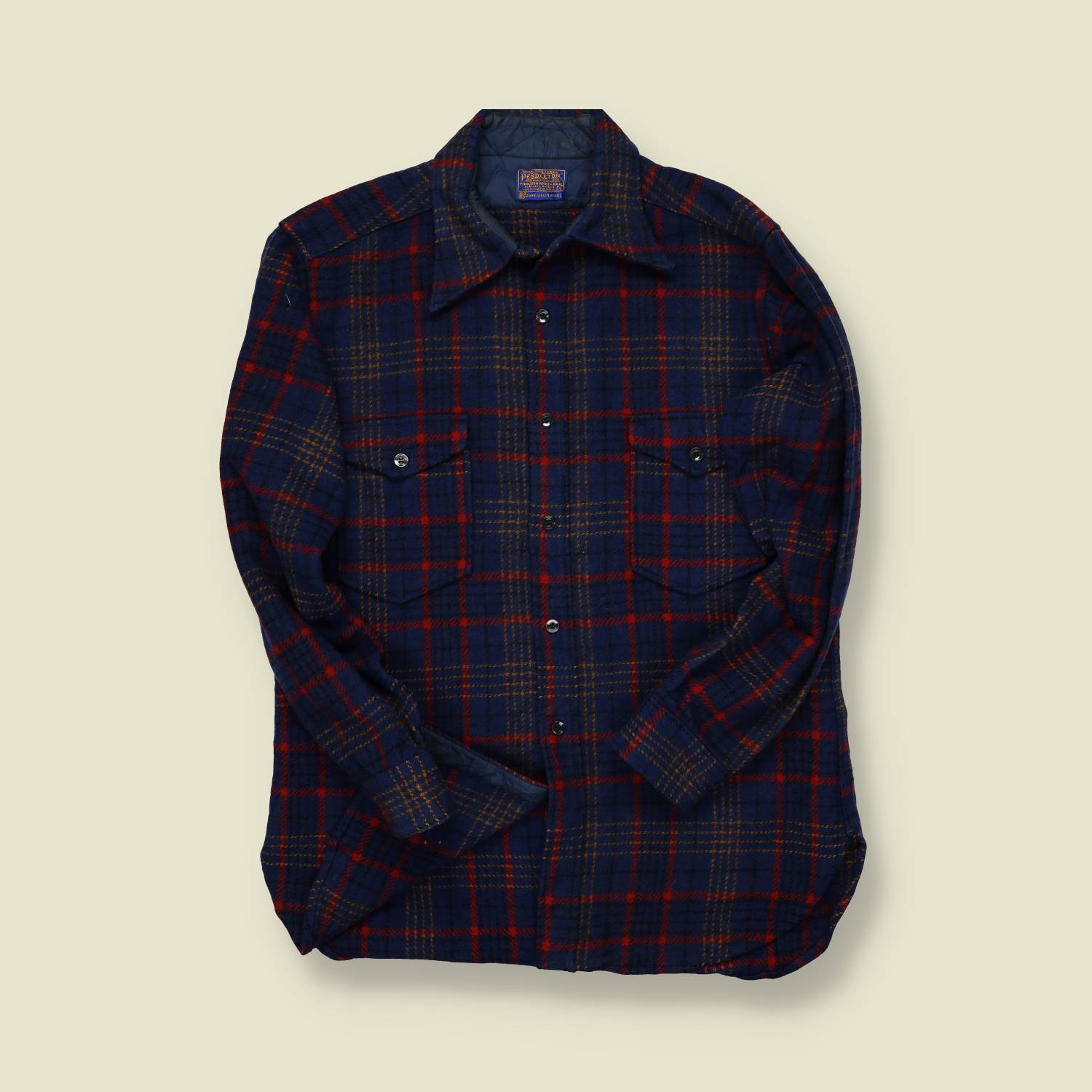 1970s Pendleton Thick Wool Overshirt – Navy & Red Plaid – Made in USA – L