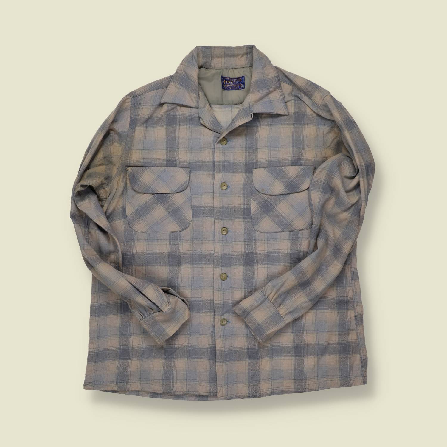 1950s–60s Pendleton Wool Flannel Shirt – Grey & Blue Plaid – Made in USA – M