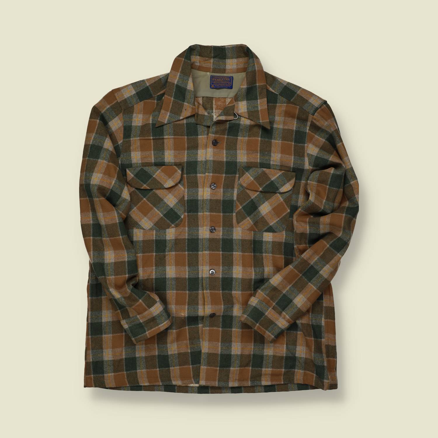 1970s Pendleton Wool Board Shirt – Brown & Green Plaid – Made in USA – L