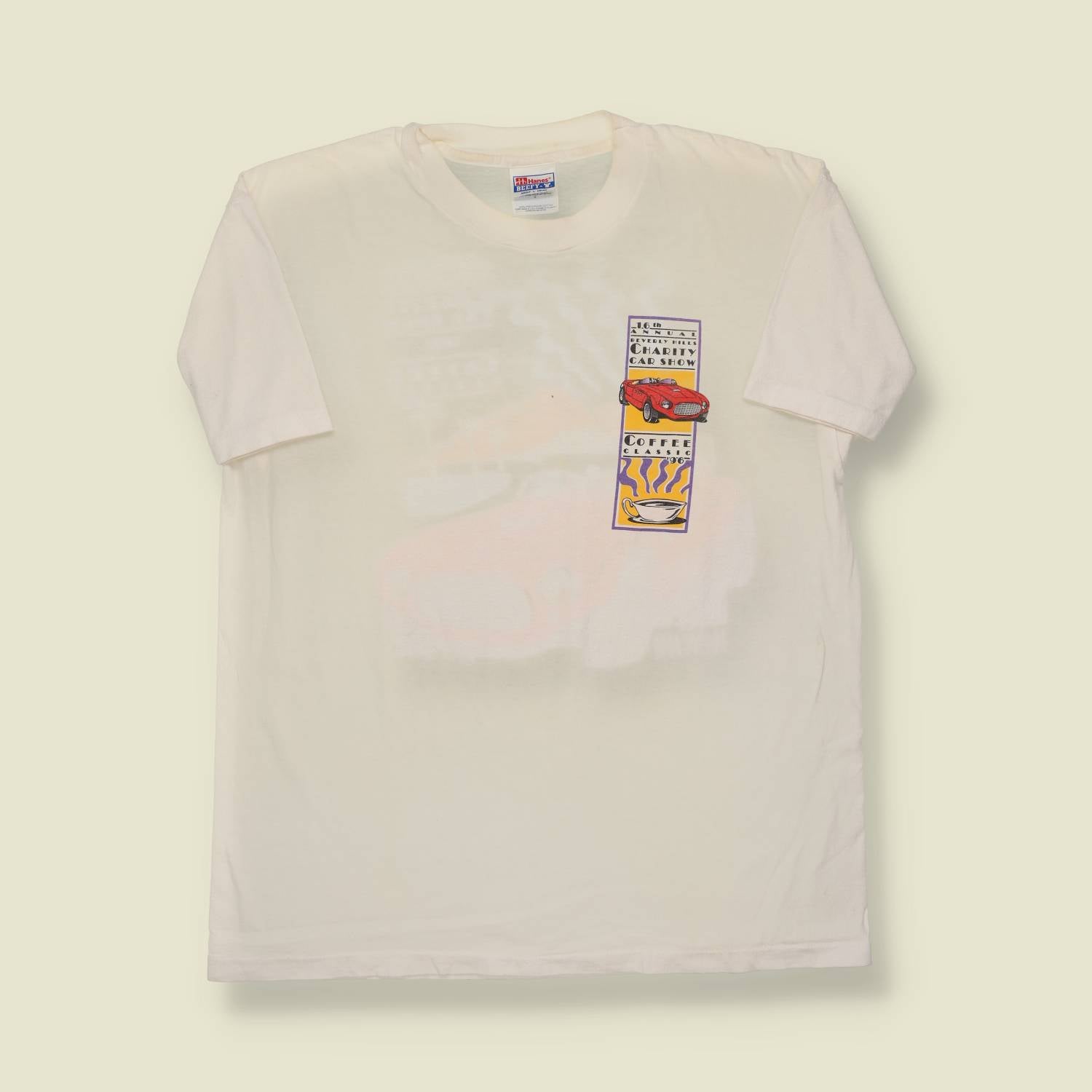 1996 Beverly Hills Charity Car Show & Coffee Classic T-Shirt – Red Sports Car Back Print – Made in USA - M