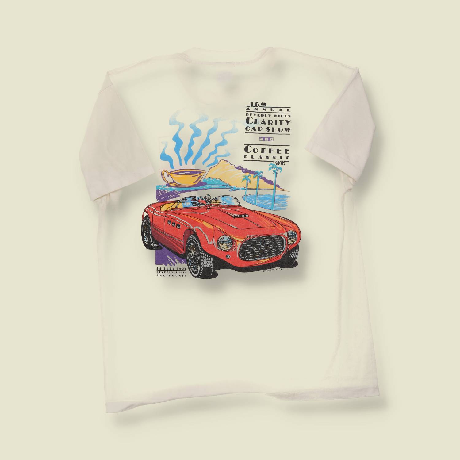 1996 Beverly Hills Charity Car Show & Coffee Classic T-Shirt – Red Sports Car Back Print – Made in USA - M