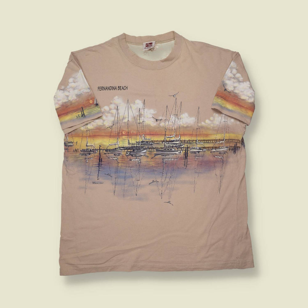1990s Art Unlimited T-Shirt – Fernandina Beach Sunset Marina Scene – Made in USA - XL