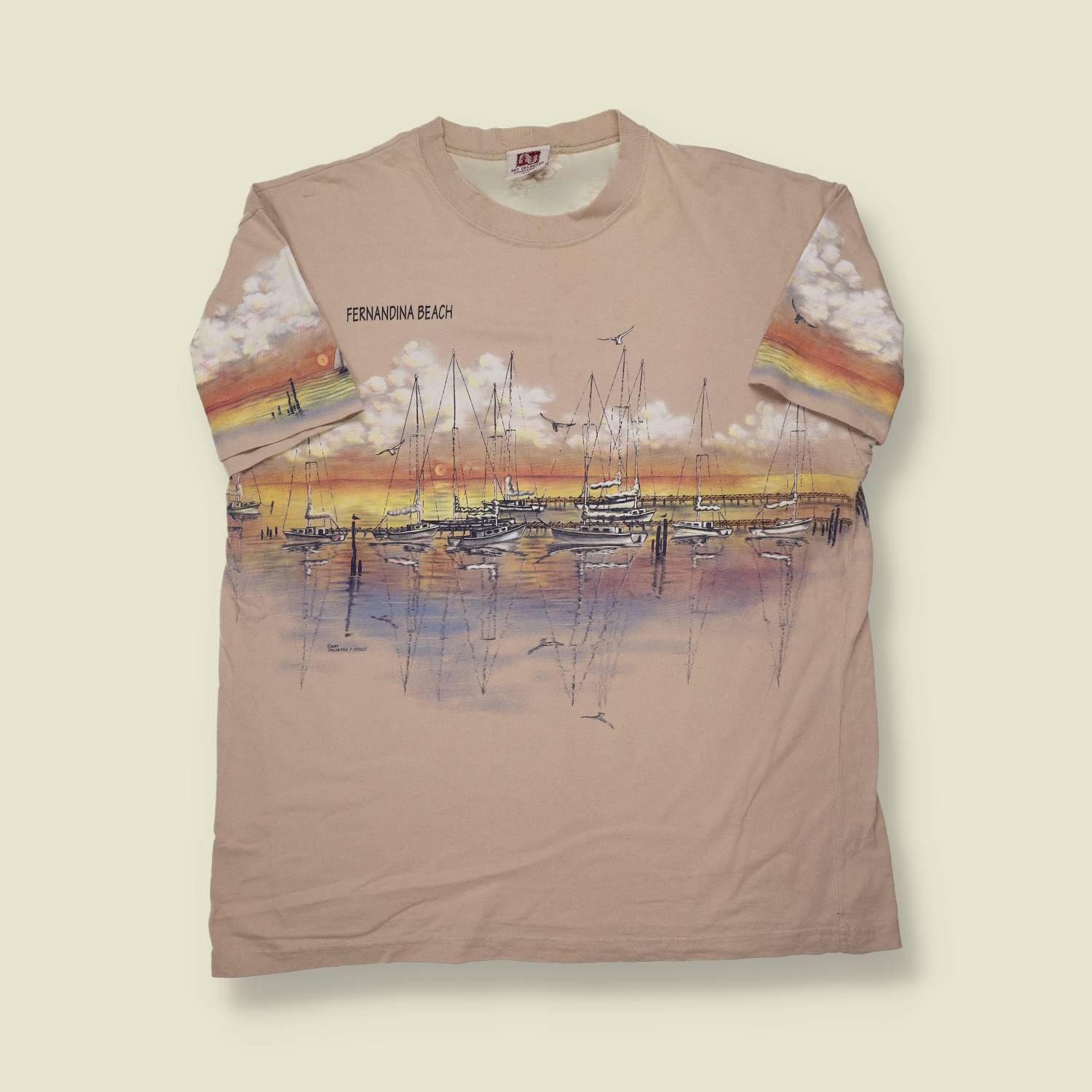 1990s Art Unlimited T-Shirt – Fernandina Beach Sunset Marina Scene – Made in USA - XL