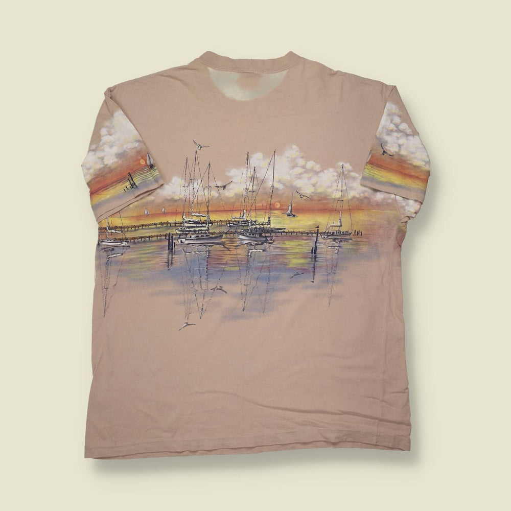 1990s Art Unlimited T-Shirt – Fernandina Beach Sunset Marina Scene – Made in USA - XL