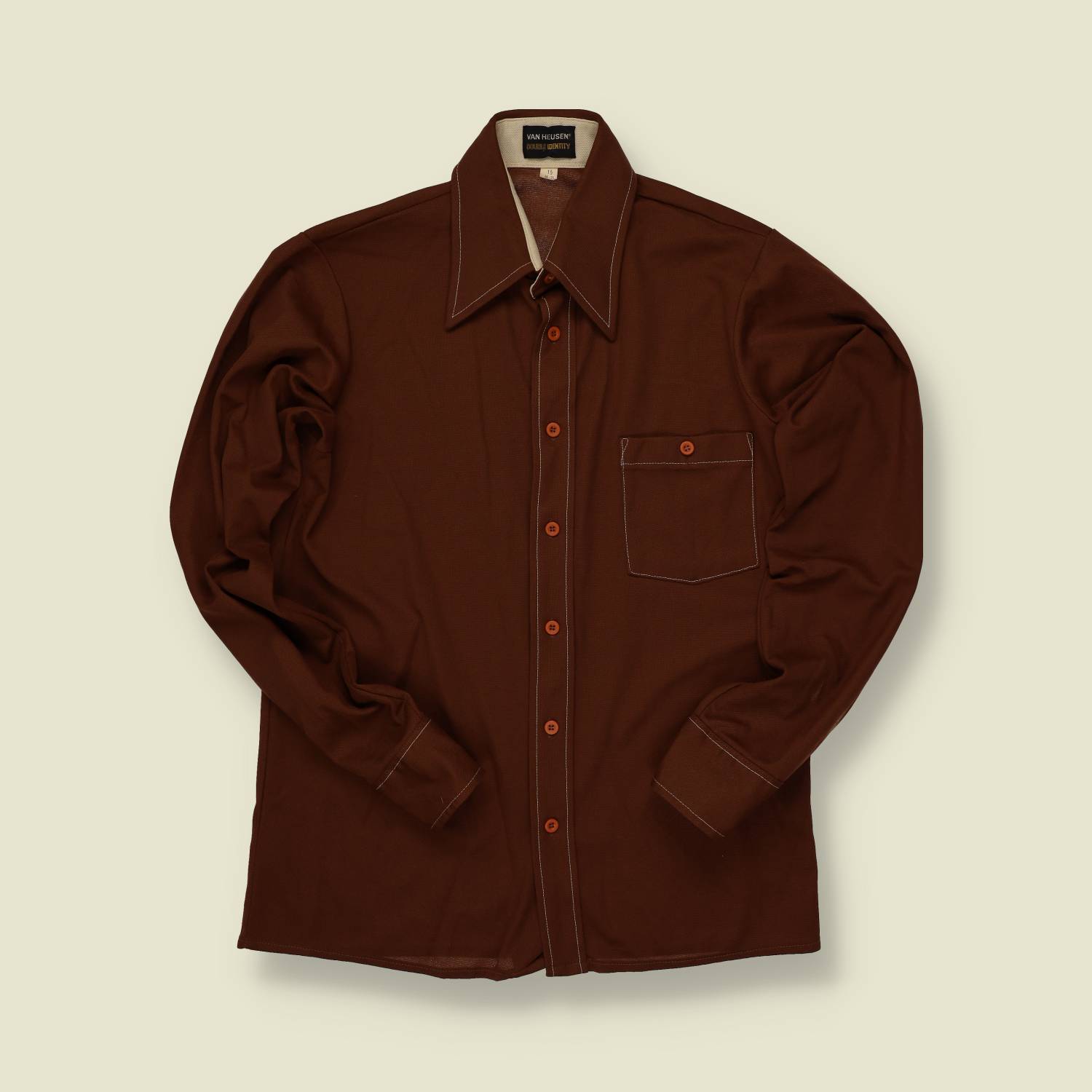 1970s Van Heusen Disco Shirt – Brown with Contrast Stitching - S