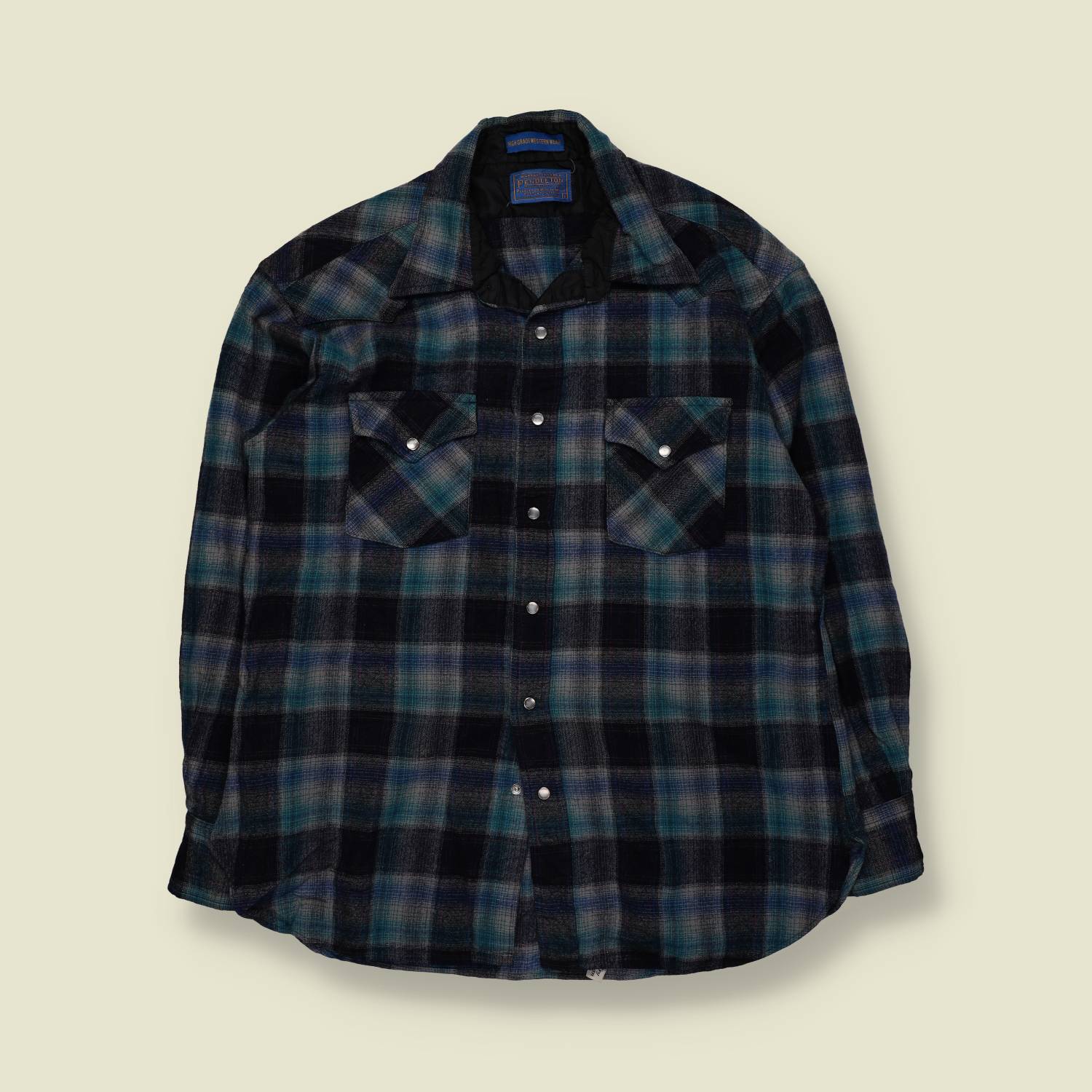 1970s | Pendleton | Western Snap Shirt | Blue Green Plaid | Made In USA - XL