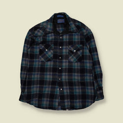 1970s | Pendleton | Western Snap Shirt | Blue Green Plaid | Made In USA - XL