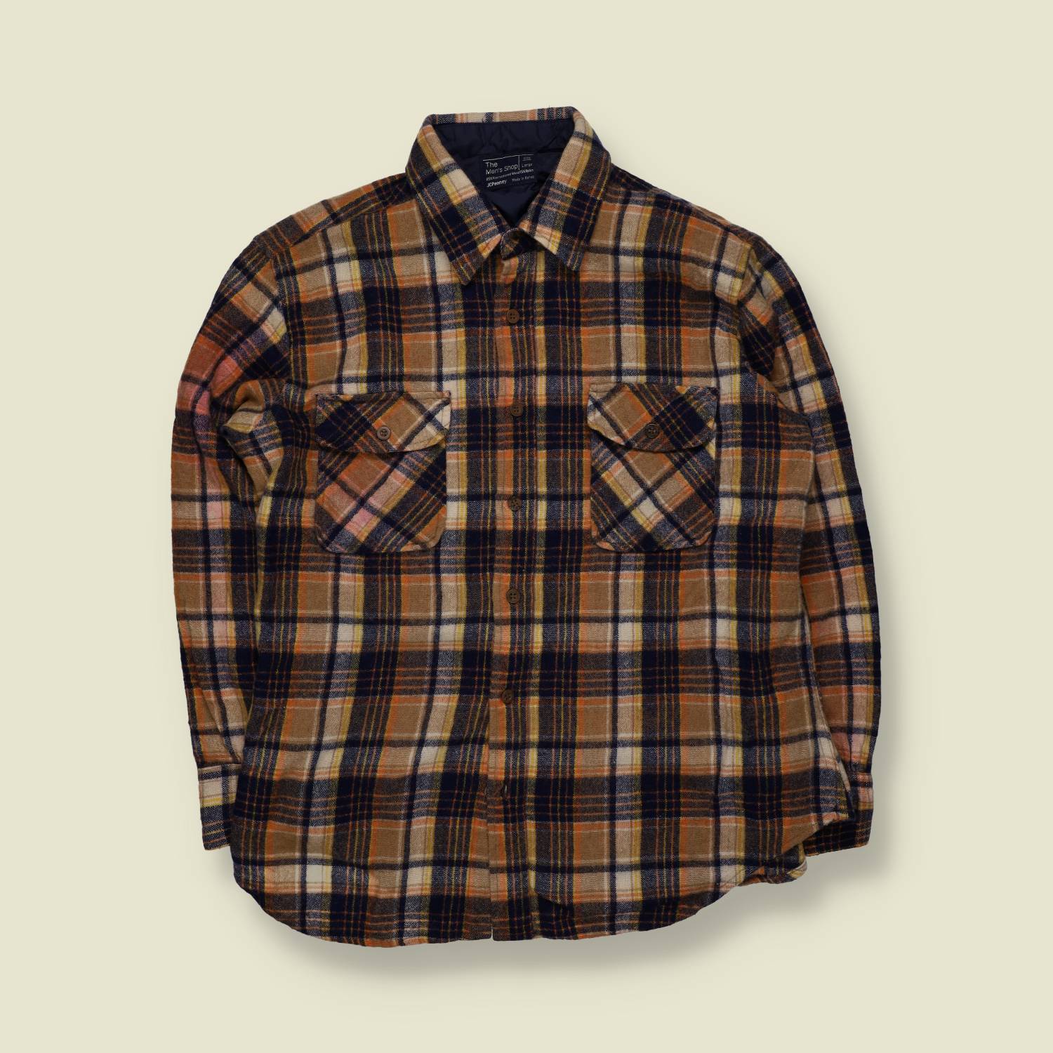 1980s | JC Penney | Plaid Flannel Shirt | Tan & Navy – M